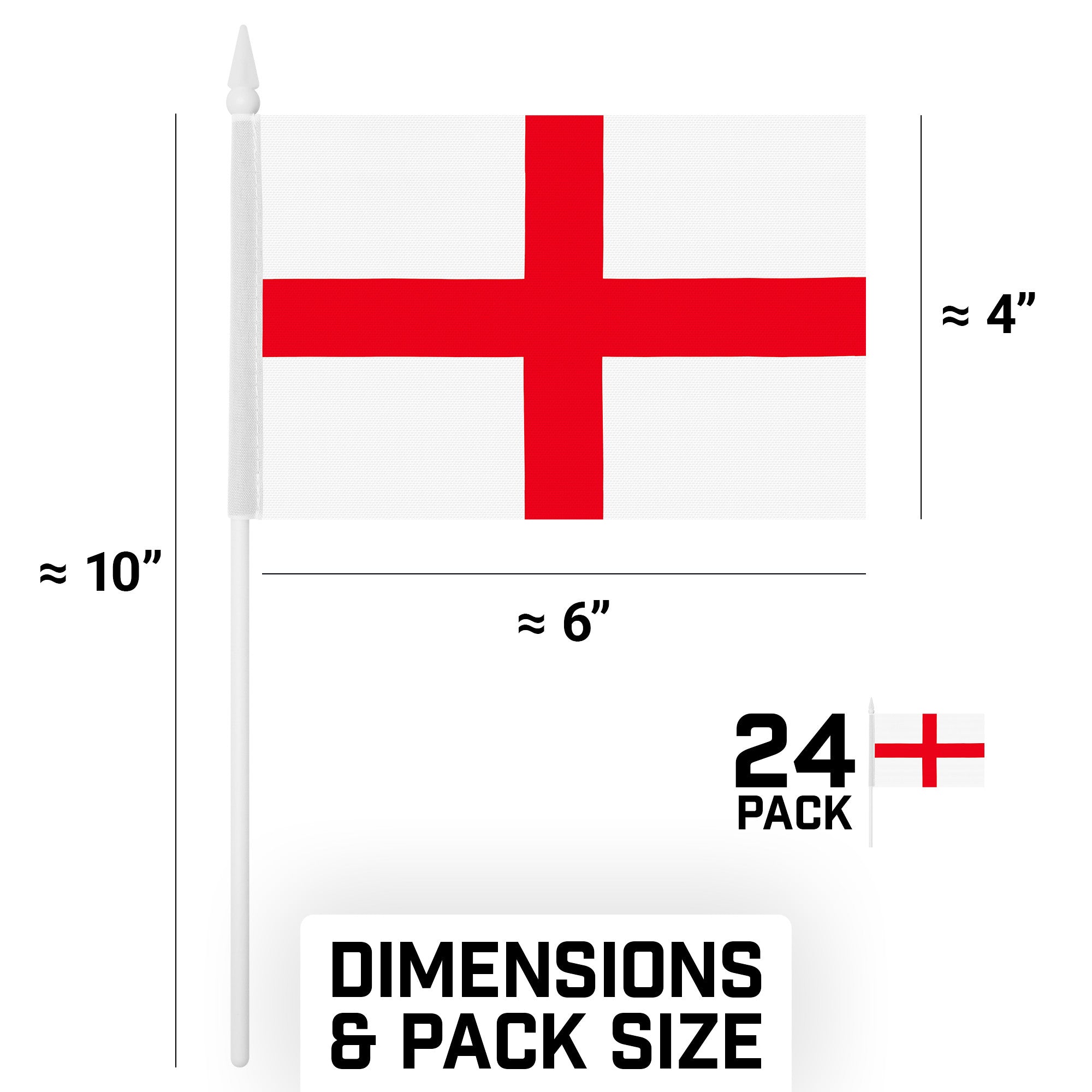 G128 24 Pack Handheld England English Stick Flags | 4x6 In | Printed 150D Polyester, Country Flag, Solid Plastic Stick, Spear White Tip