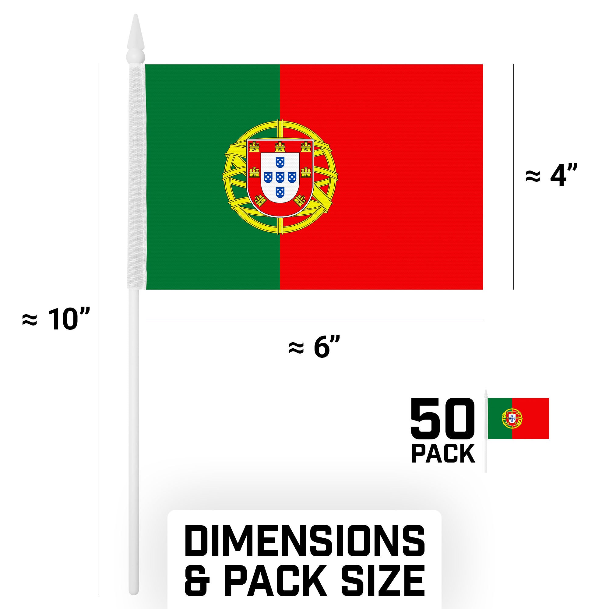 G128 50 Pack Handheld Portugal Portuguese Stick Flags | 4x6 In | Printed 150D Polyester, Country Flag, Solid Plastic Stick, Spear White Tip