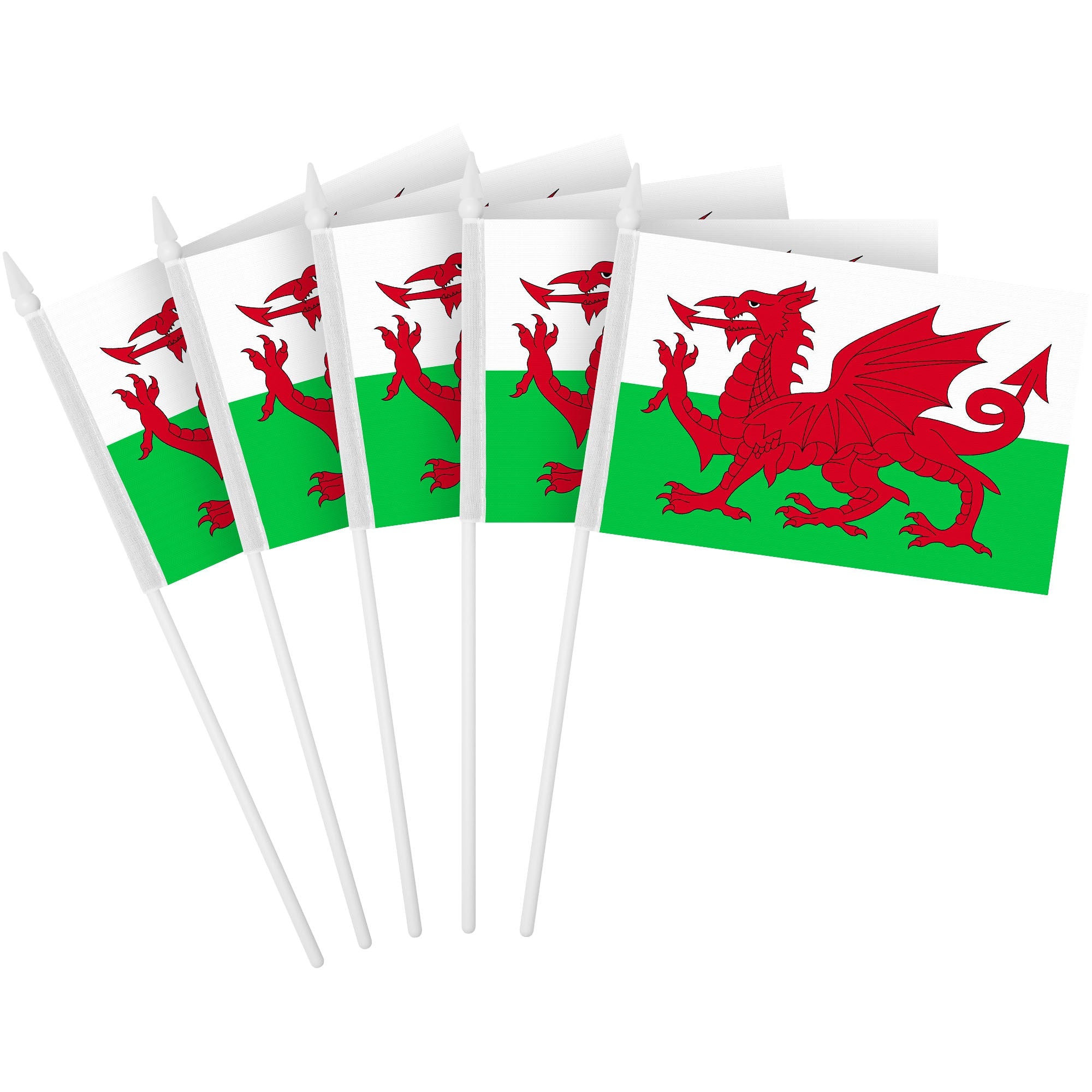 G128 12 Pack Handheld Wales Welsh Stick Flags | 4x6 In | Printed 150D Polyester, Country Flag, Solid Plastic Stick, Spear White Tip
