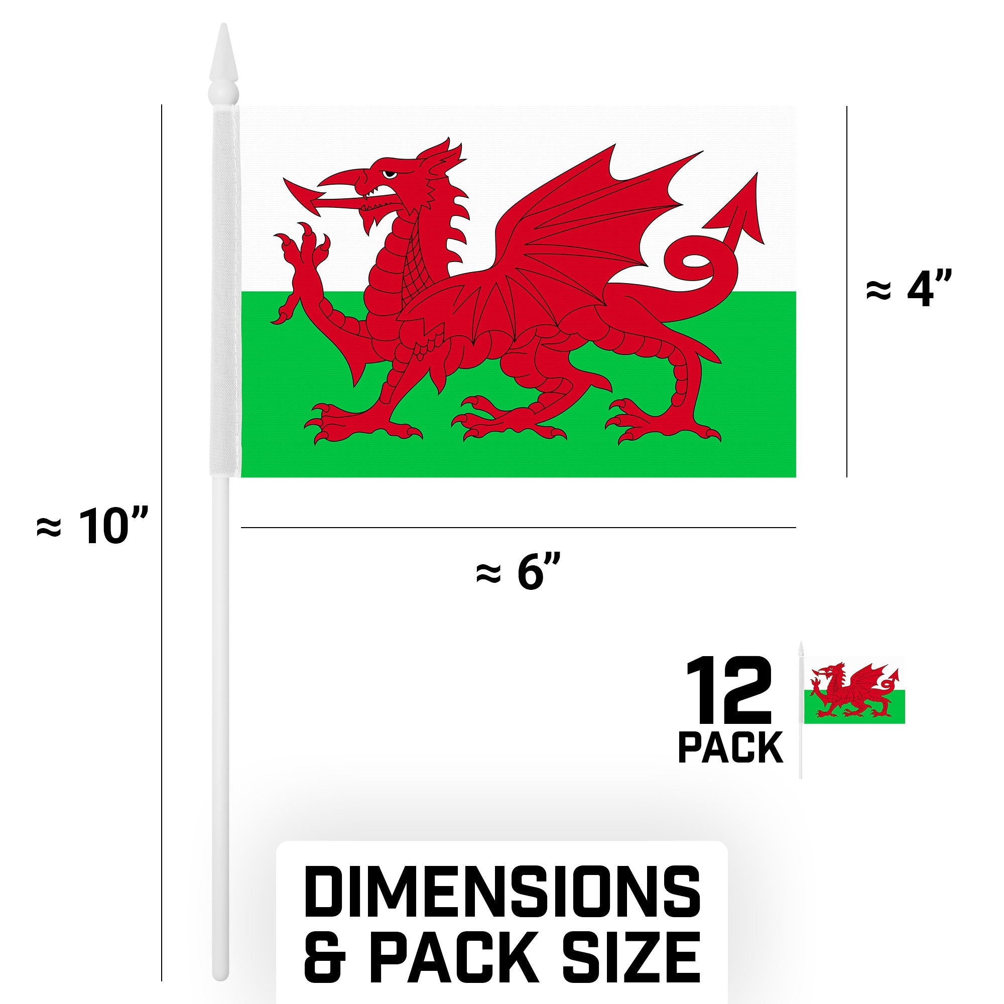 G128 12 Pack Handheld Wales Welsh Stick Flags | 4x6 In | Printed 150D Polyester, Country Flag, Solid Plastic Stick, Spear White Tip