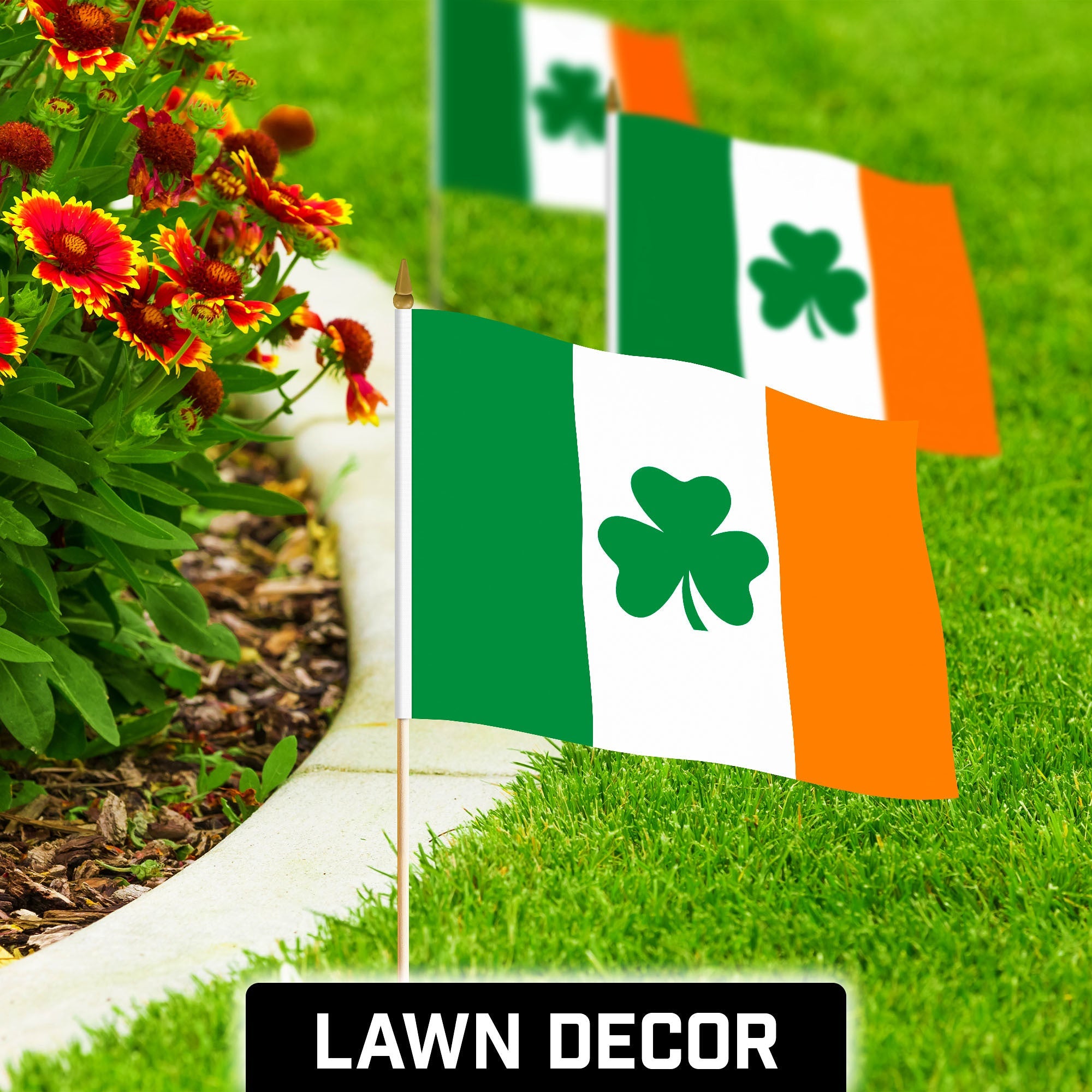 G128 30 Pack Handheld Ireland Shamrock Irish Stick Flags | 12x18 In | Printed 150D Polyester, Country Flag, Solid Wooden Stick, Spear Gold Tip
