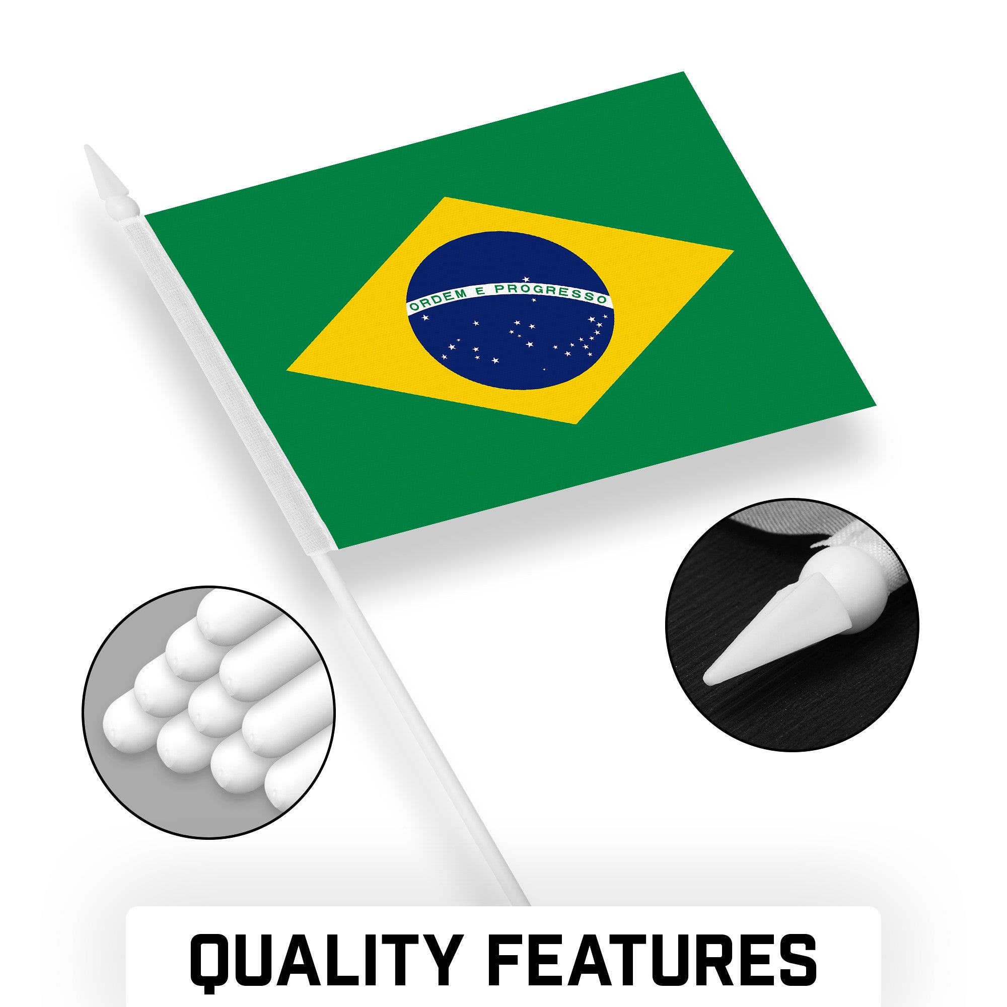 G128 30 Pack Handheld Brazil Brazilian Stick Flags | 4x6 In | Printed 150D Polyester, Country Flag, Solid Plastic Stick, Spear White Tip