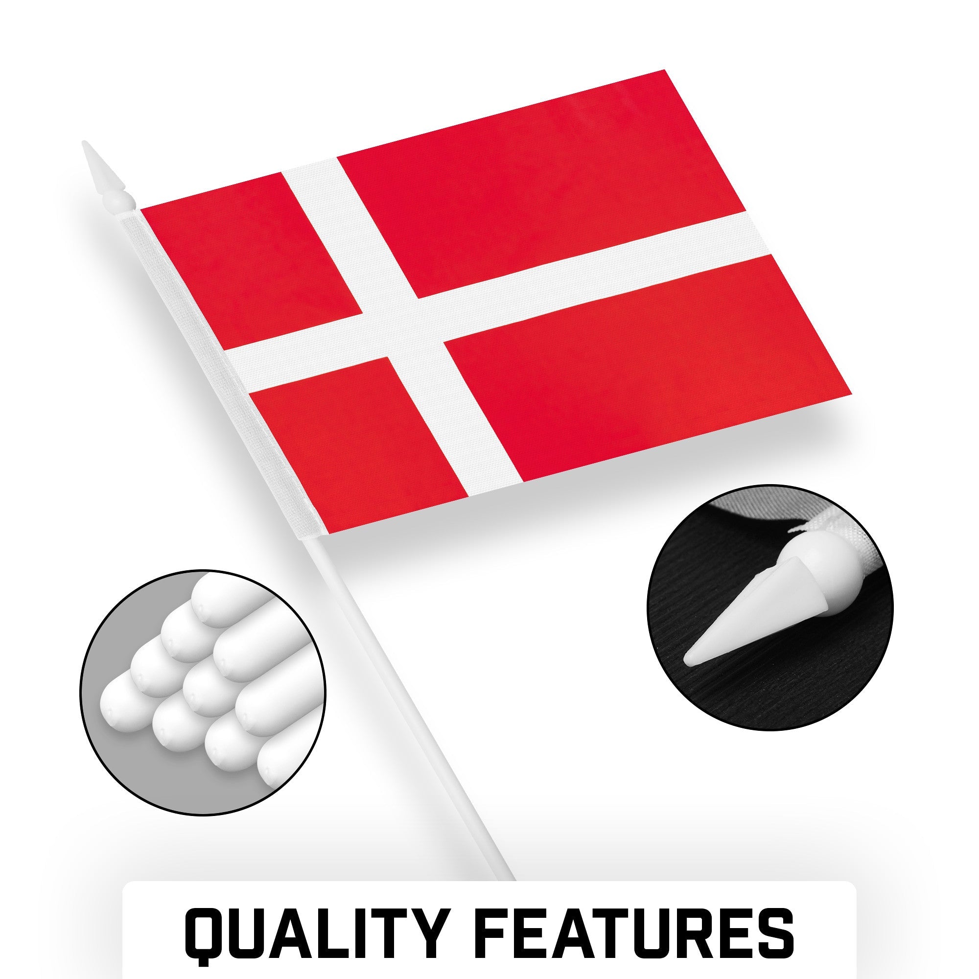 G128 50 Pack Handheld Denmark Danish Stick Flags | 4x6 In | Printed 150D Polyester, Country Flag, Solid Plastic Stick, Spear White Tip