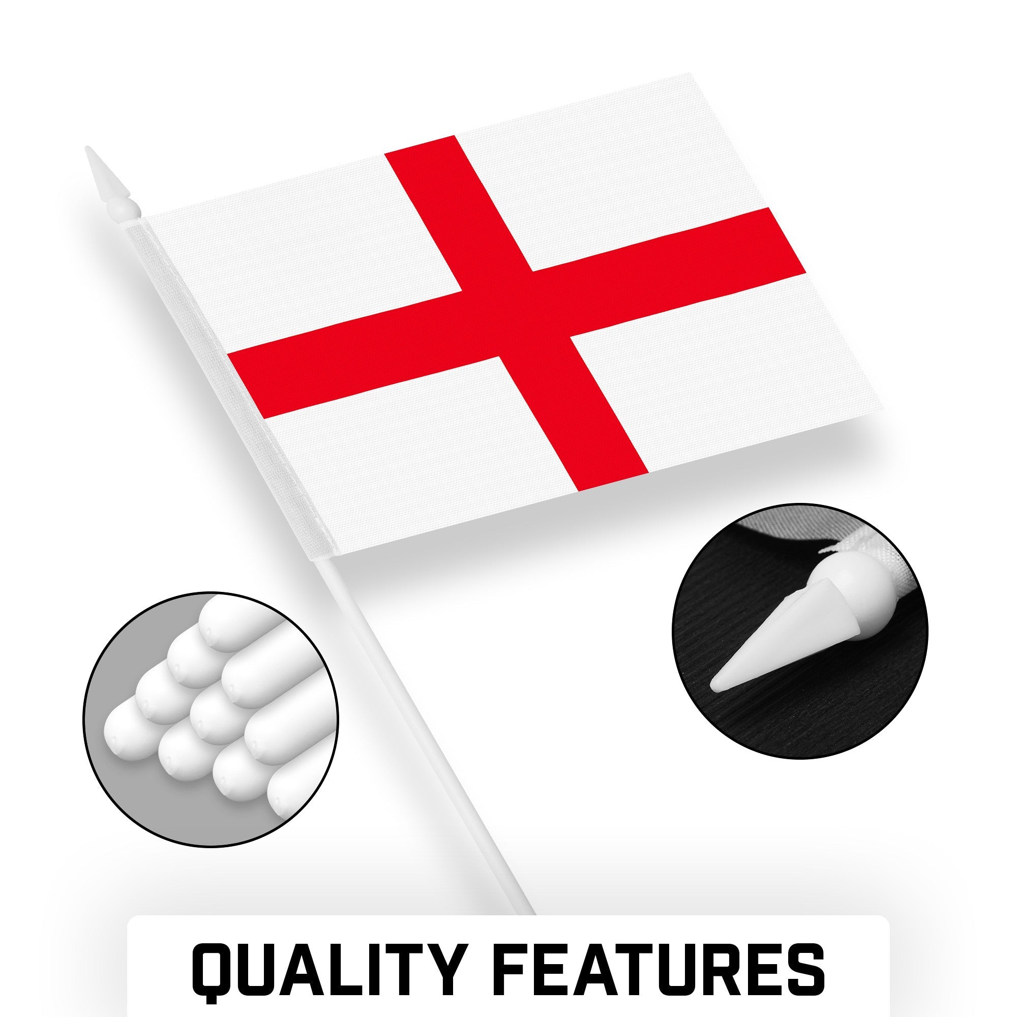 G128 30 Pack Handheld England English Stick Flags | 4x6 In | Printed 150D Polyester, Country Flag, Solid Plastic Stick, Spear White Tip