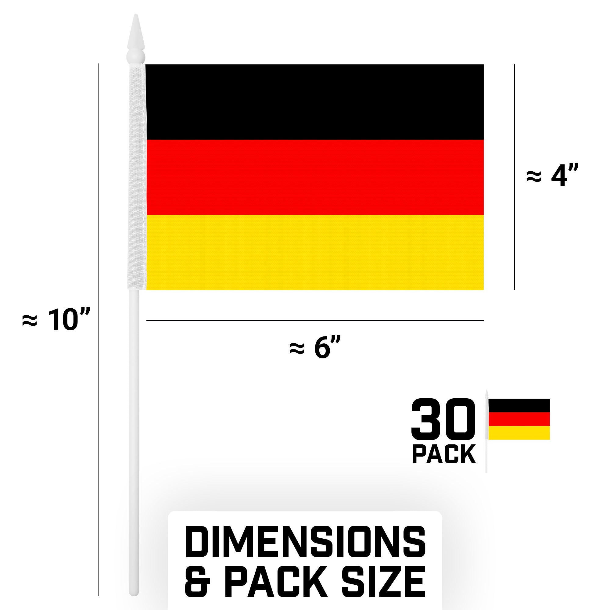 G128 30 Pack Handheld Germany German Stick Flags | 4x6 In | Printed 150D Polyester, Country Flag, Solid Plastic Stick, Spear White Tip