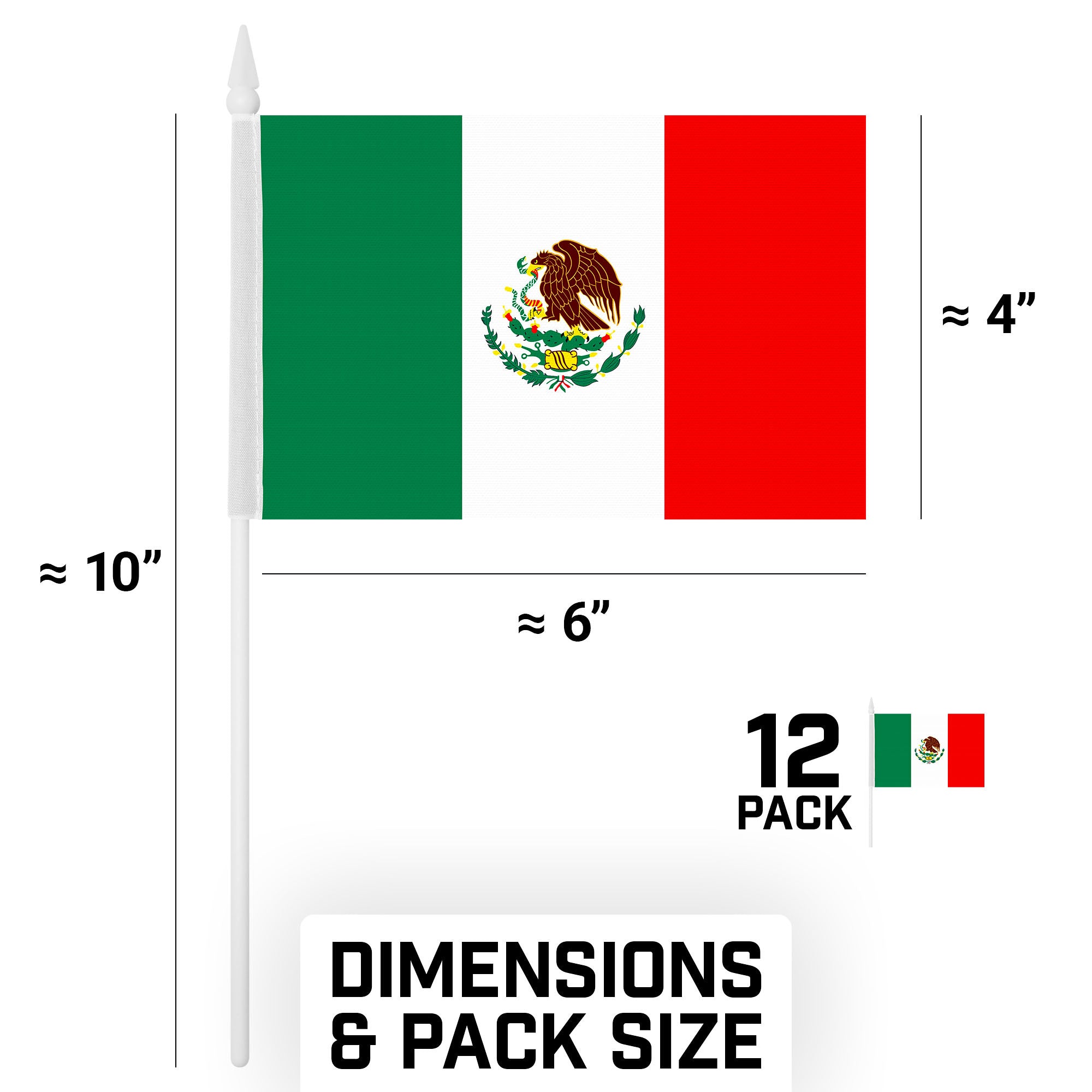 G128 12 Pack Handheld Mexico Mexican Stick Flags | 4x6 In | Printed 150D Polyester, Country Flag, Solid Plastic Stick, Spear White Tip