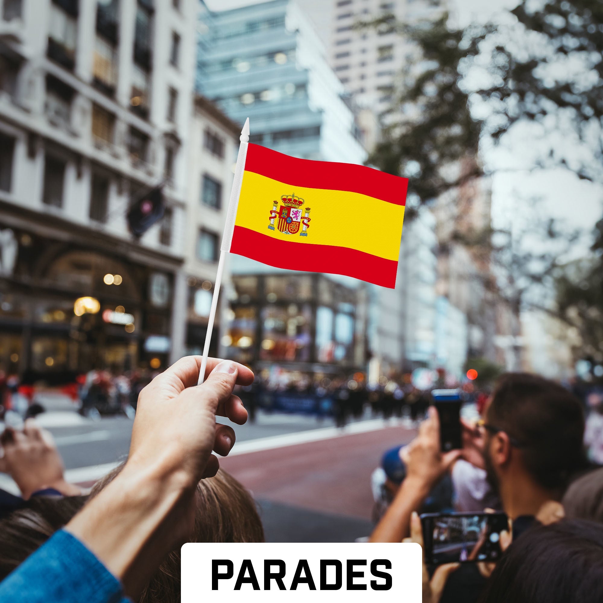 G128 50 Pack Handheld Spain Spanish Stick Flags | 4x6 In | Printed 150D Polyester, Country Flag, Solid Plastic Stick, Spear White Tip