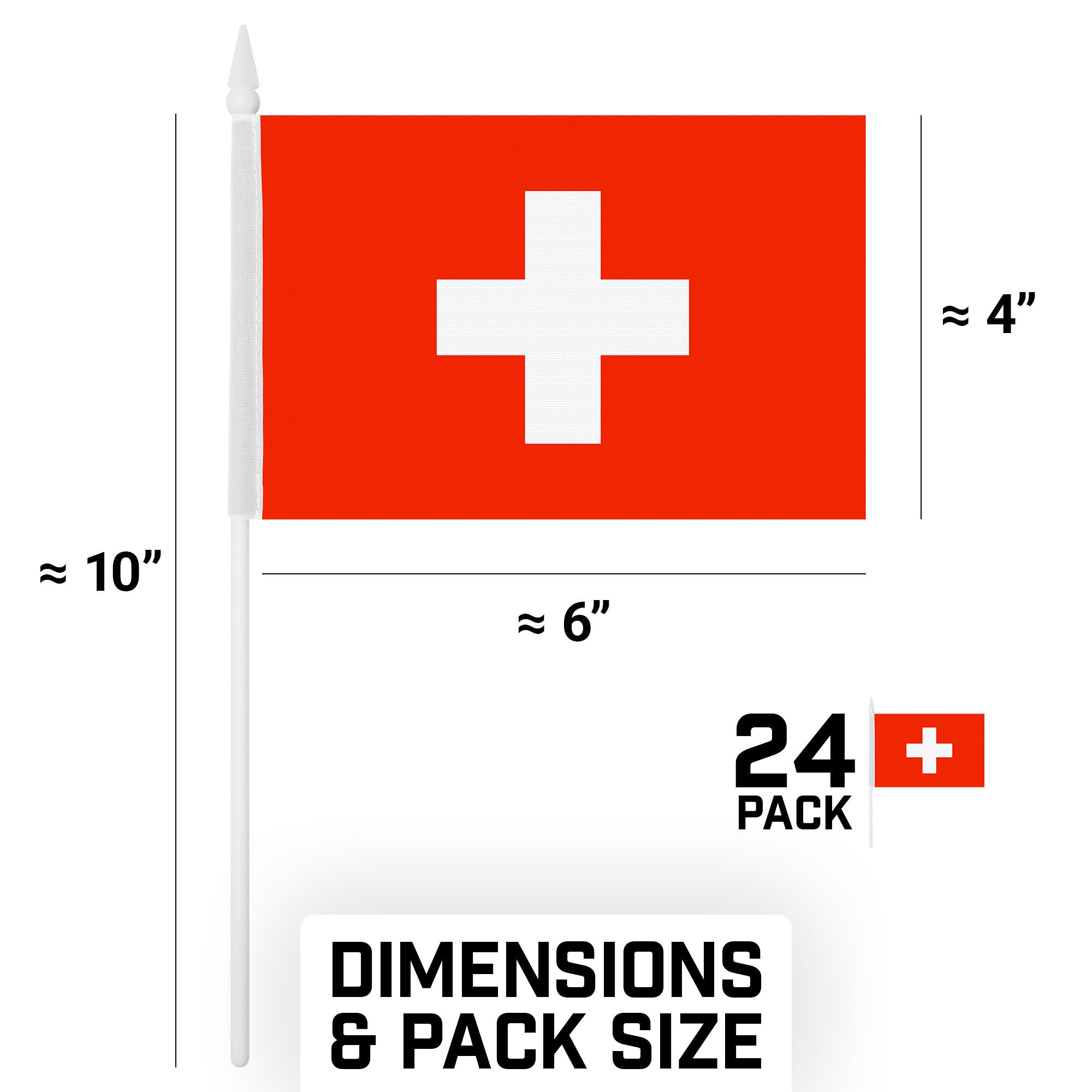 G128 24 Pack Handheld Switzerland Swiss Stick Flags | 4x6 In | Printed 150D Polyester, Country Flag, Solid Plastic Stick, Spear White Tip