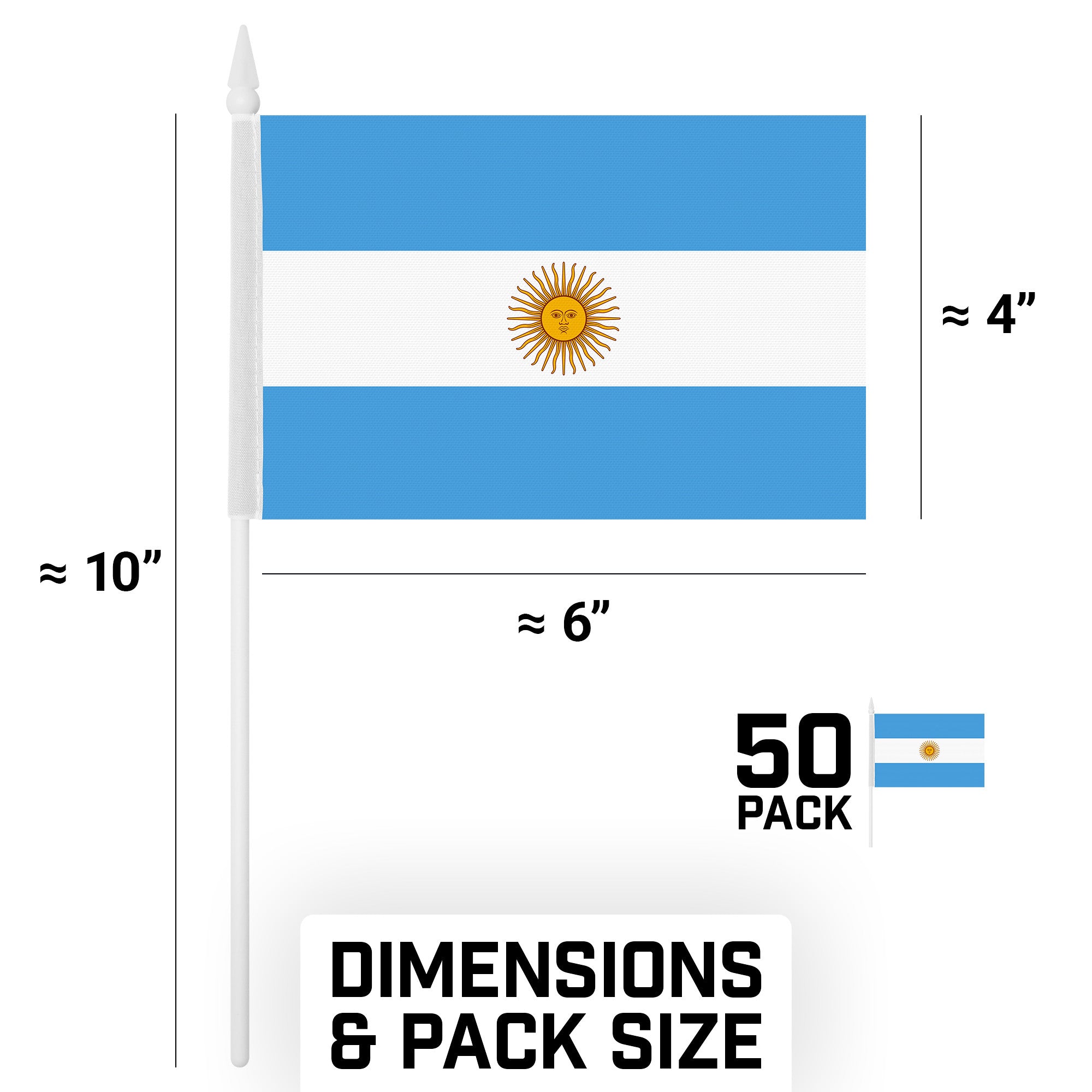 50 Pack Handheld Argentina Argentinian Stick Flags | 4x6 In | Printed 150D Polyester, Country Flag, Solid Plastic Stick, Spear White Tip
