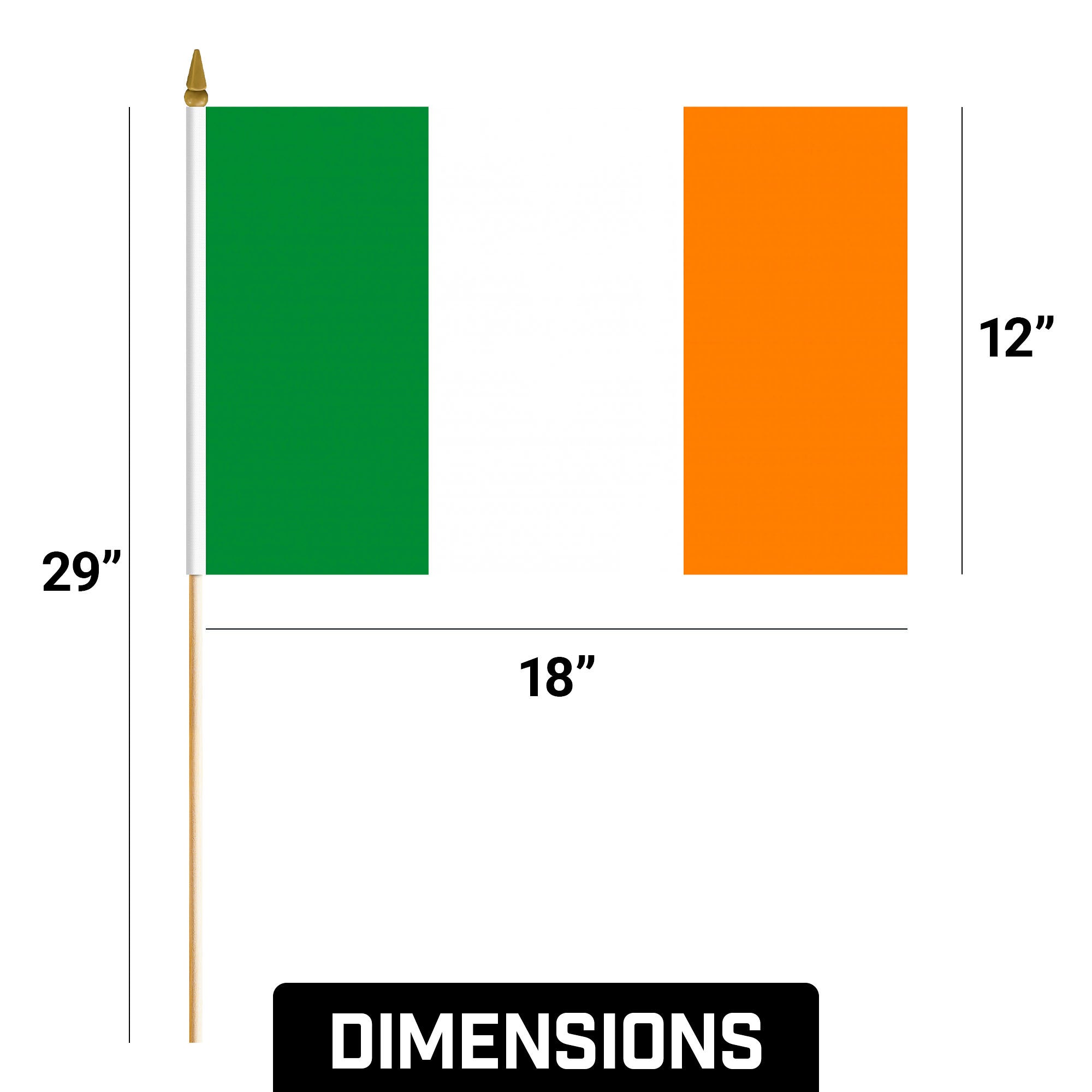 G128 12 Pack Handheld Ireland Irish Stick Flags | 12x18 In | Printed 150D Polyester, Country Flag, Solid Wooden Stick, Spear Gold Tip