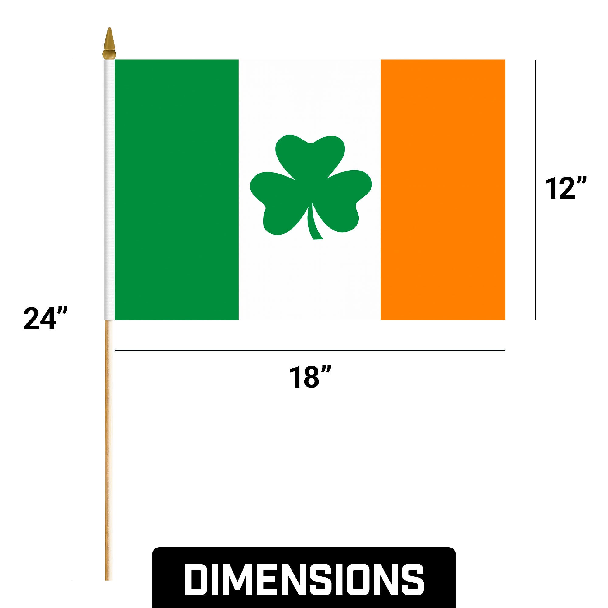 G128 12 Pack Handheld Ireland Shamrock Irish Stick Flags | 12x18 In | Printed 150D Polyester, Country Flag, Solid Wooden Stick, Spear Gold Tip
