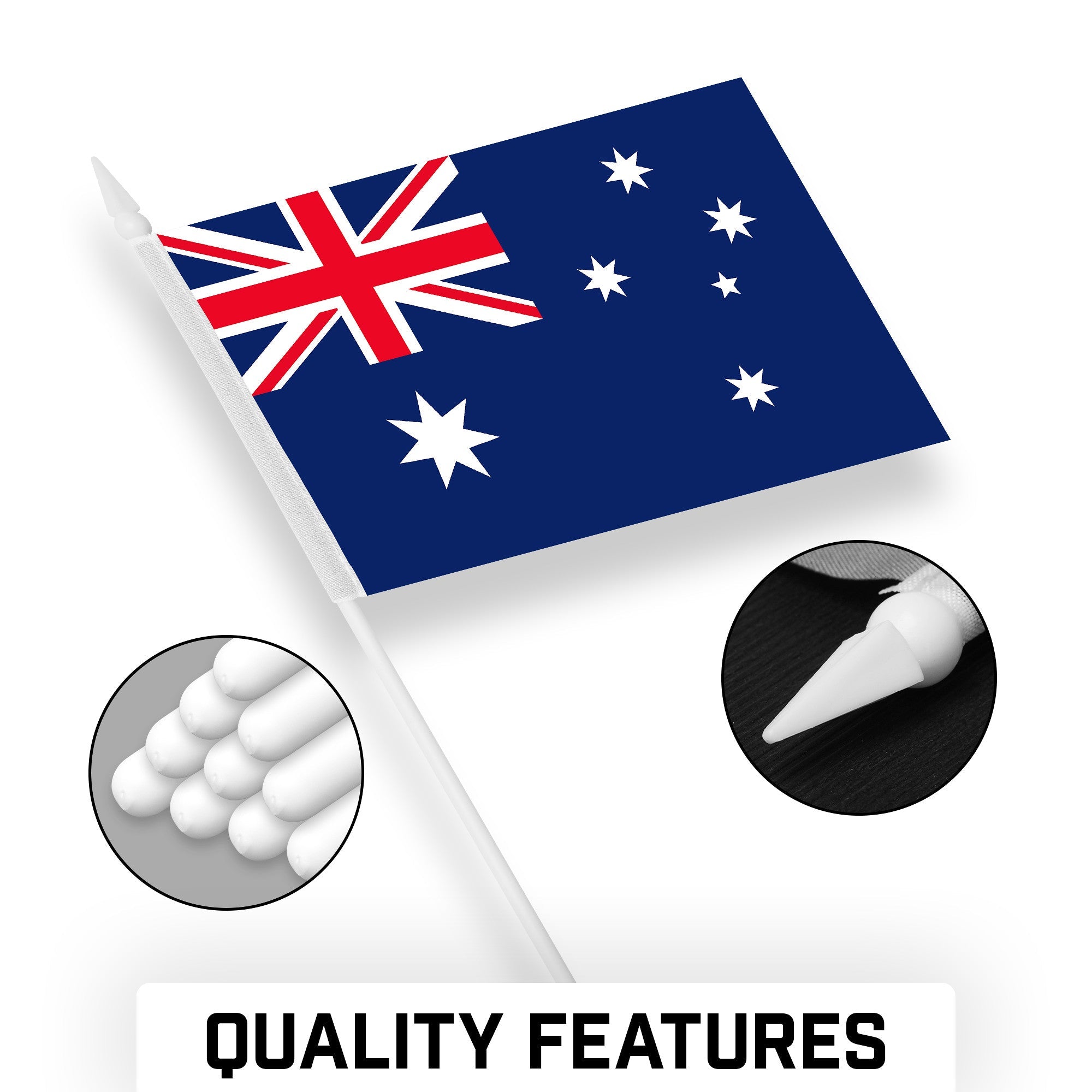 Pack Handheld Australia Australian Stick Flags | 4x6 In | Printed 150D Polyester, Country Flag, Solid Plastic Stick, Spear White Tip