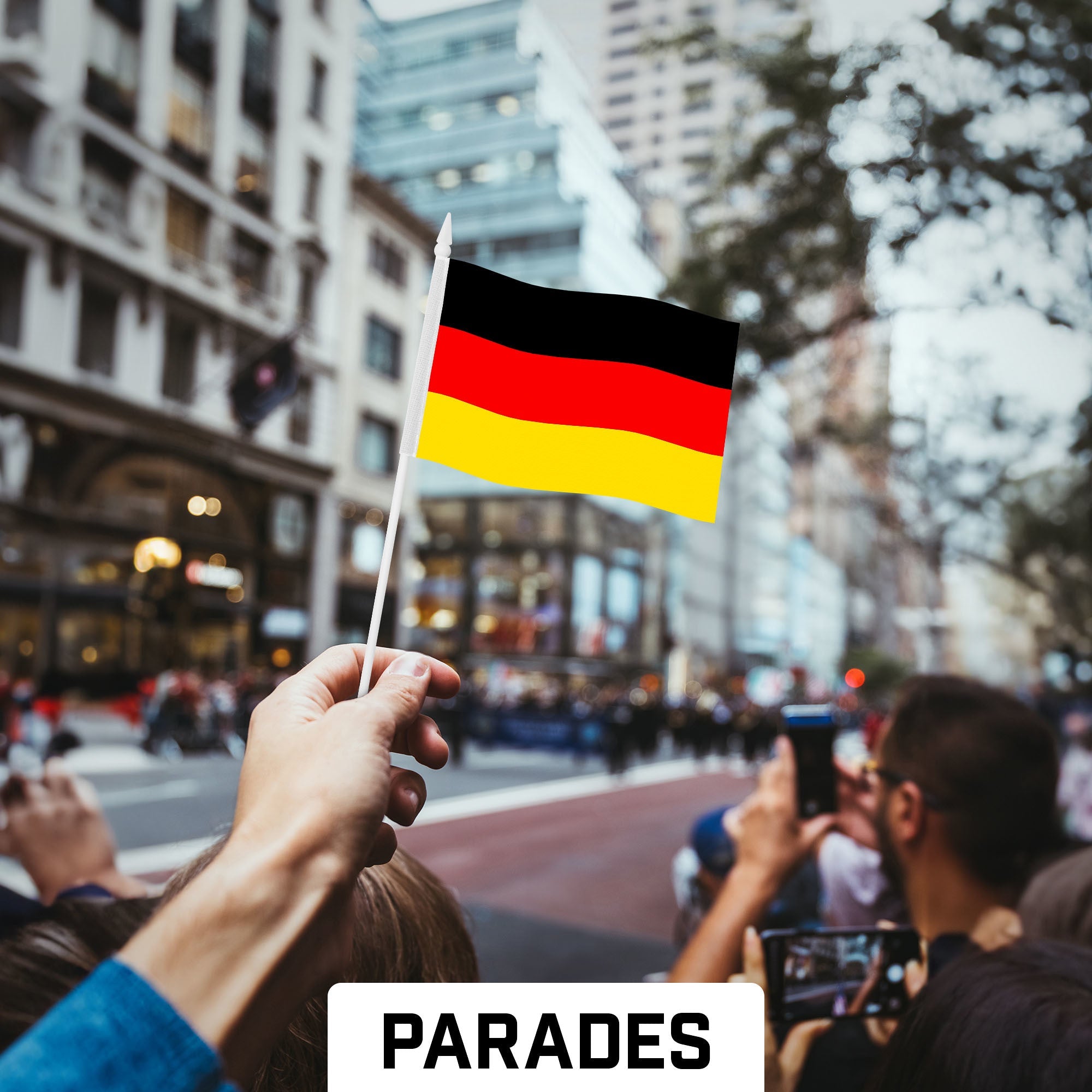 G128 30 Pack Handheld Germany German Stick Flags | 4x6 In | Printed 150D Polyester, Country Flag, Solid Plastic Stick, Spear White Tip