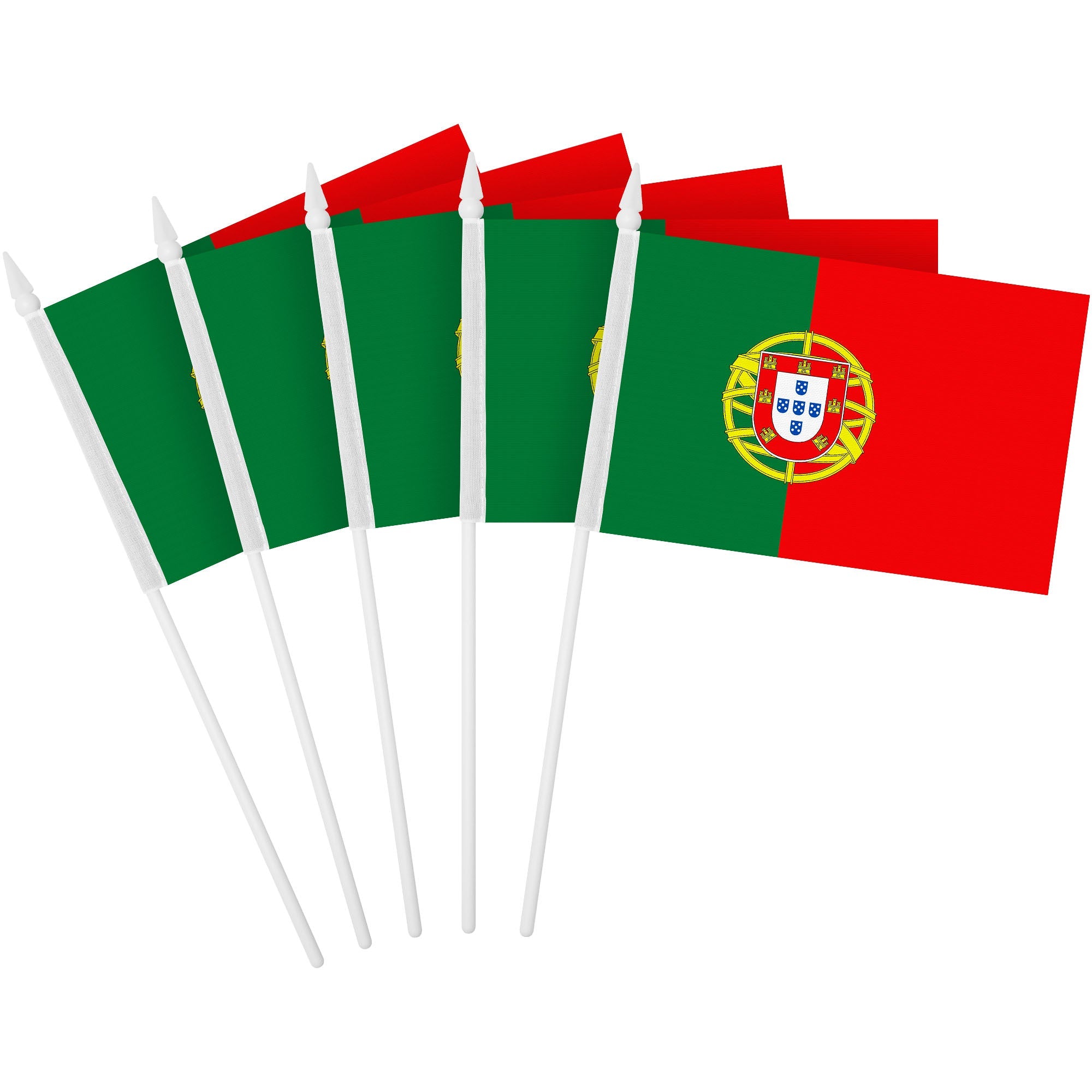 G128 12 Pack Handheld Portugal Portuguese Stick Flags | 4x6 In | Printed 150D Polyester, Country Flag, Solid Plastic Stick, Spear White Tip
