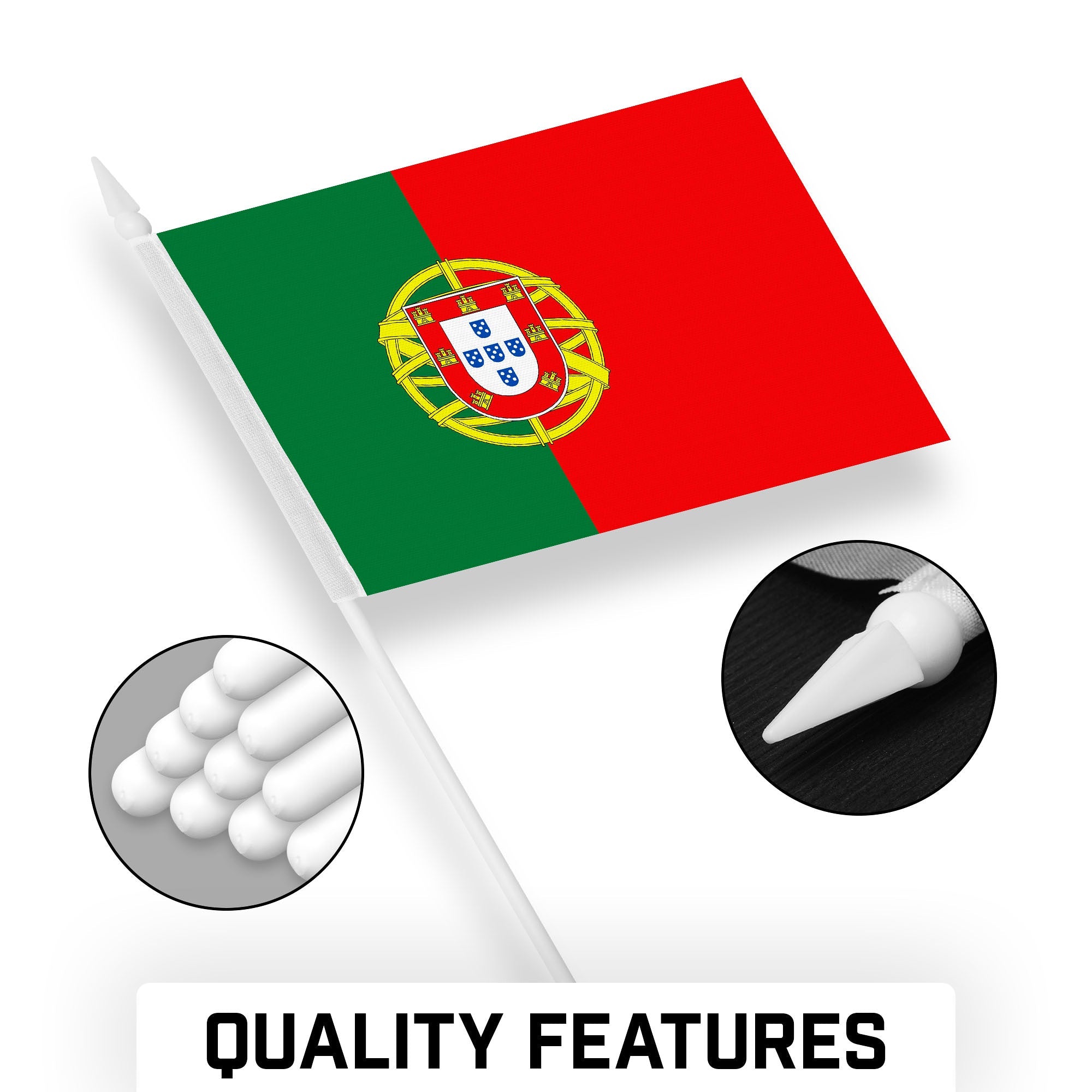 G128 12 Pack Handheld Portugal Portuguese Stick Flags | 4x6 In | Printed 150D Polyester, Country Flag, Solid Plastic Stick, Spear White Tip