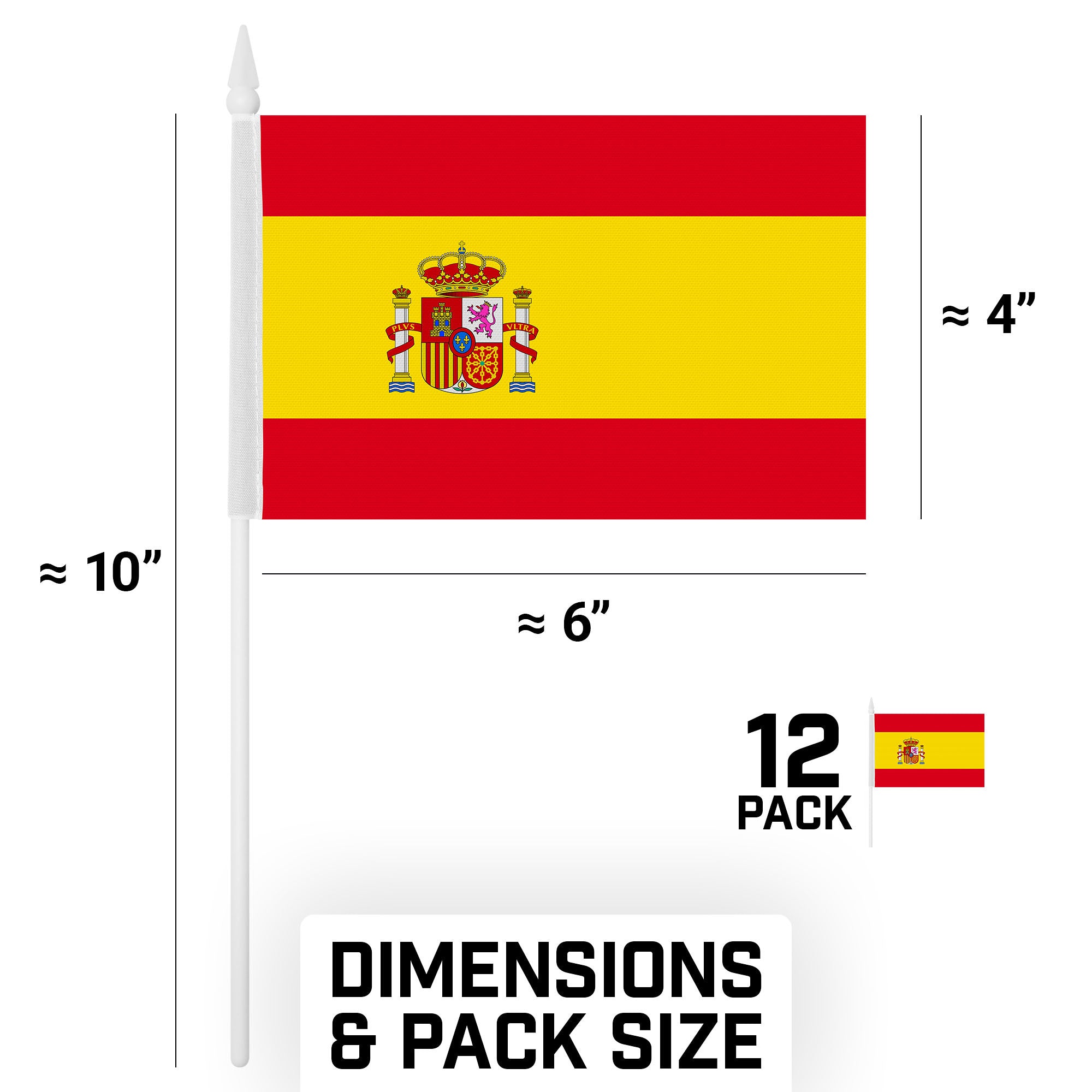 G128 12 Pack Handheld Spain Spanish Stick Flags | 4x6 In | Printed 150D Polyester, Country Flag, Solid Plastic Stick, Spear White Tip