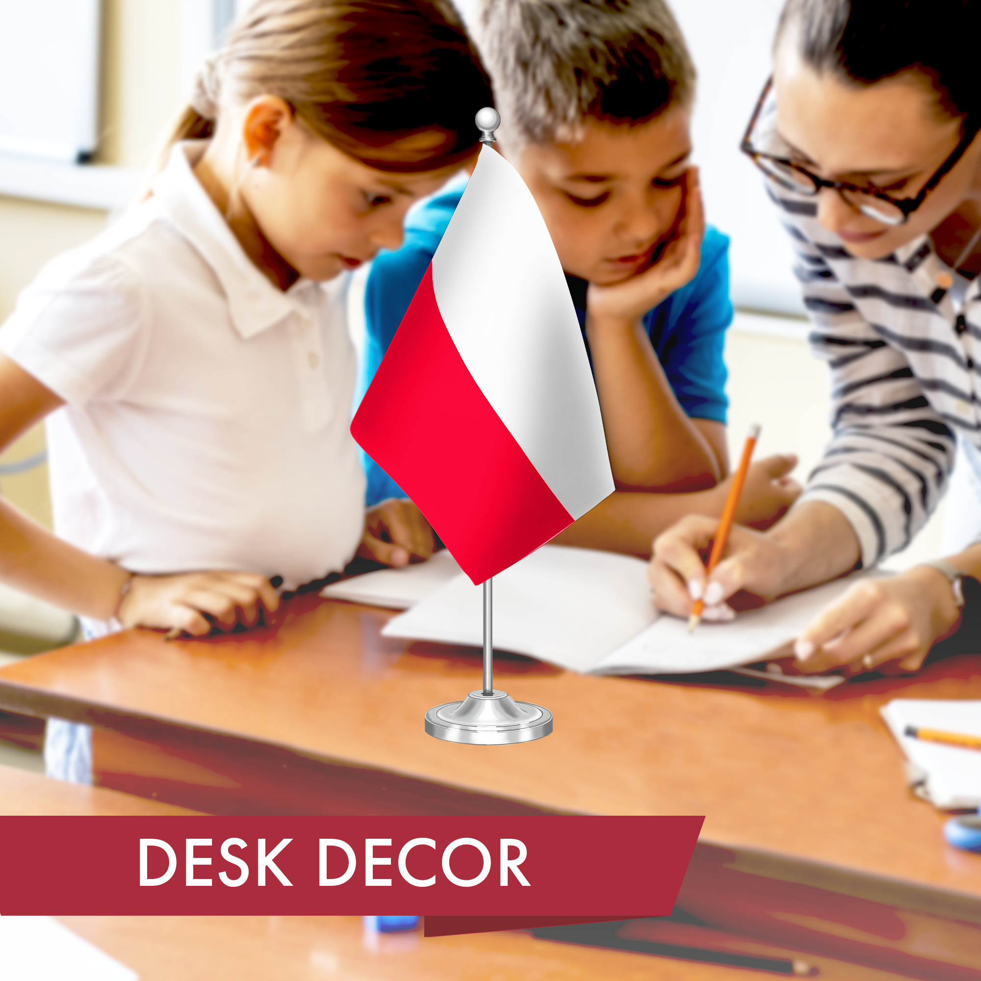 G128 Poland Polish Deluxe Desk Flag Set | 8.5x5.5 In | Printed 300D Polyester, with Silver Dome and Base, 15" Metal Pole, Decorations For Office, Home and Festival Events Celebration