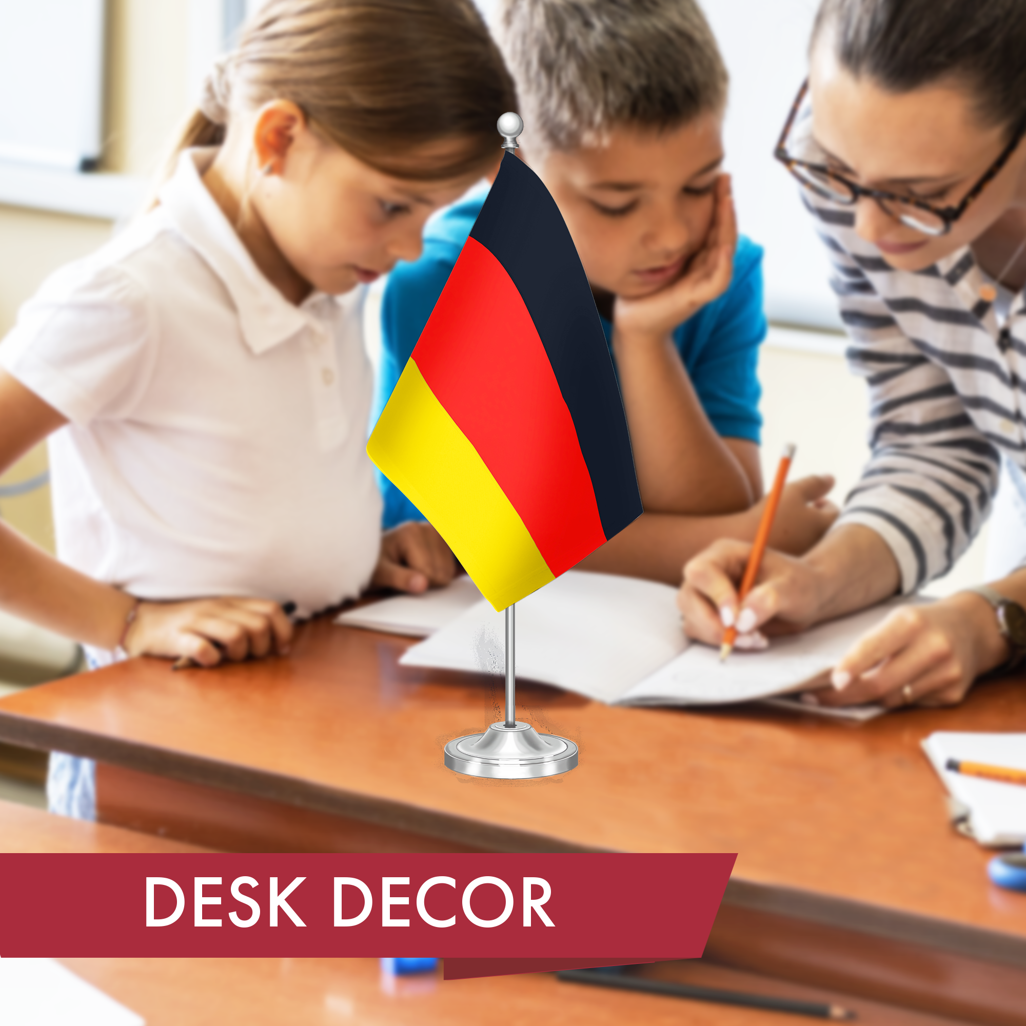 G128 Germany German Deluxe Desk Flag Set | 8.5x5.5 In | Printed 300D Polyester, with Silver Dome and Base, 15" Metal Pole, Decorations For Office, Home and Festival Events Celebration