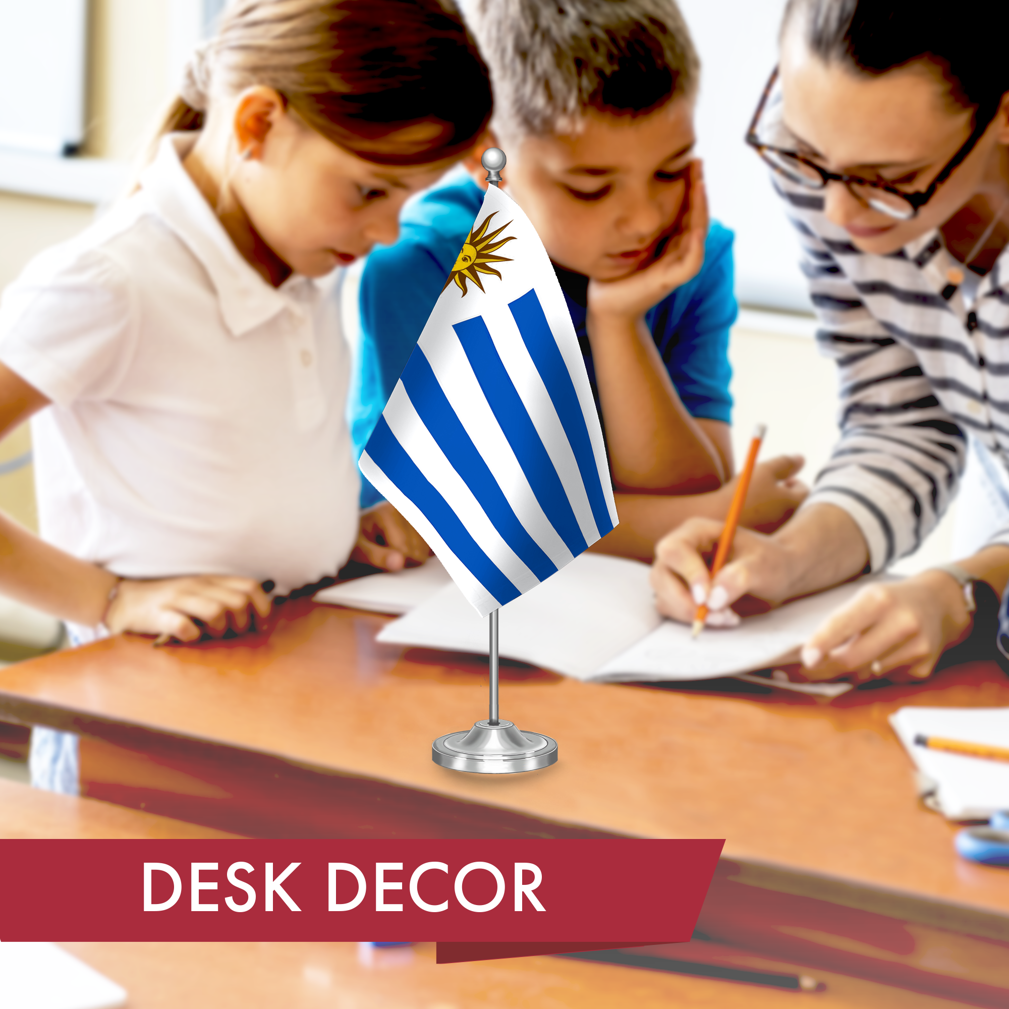 G128 Uruguay Uruguayan Deluxe Desk Flag Set | 8.5x5.5 In | Printed 300D Polyester, with Silver Dome and Base, 15" Metal Pole, Decorations For Office, Home and Festival Events Celebration