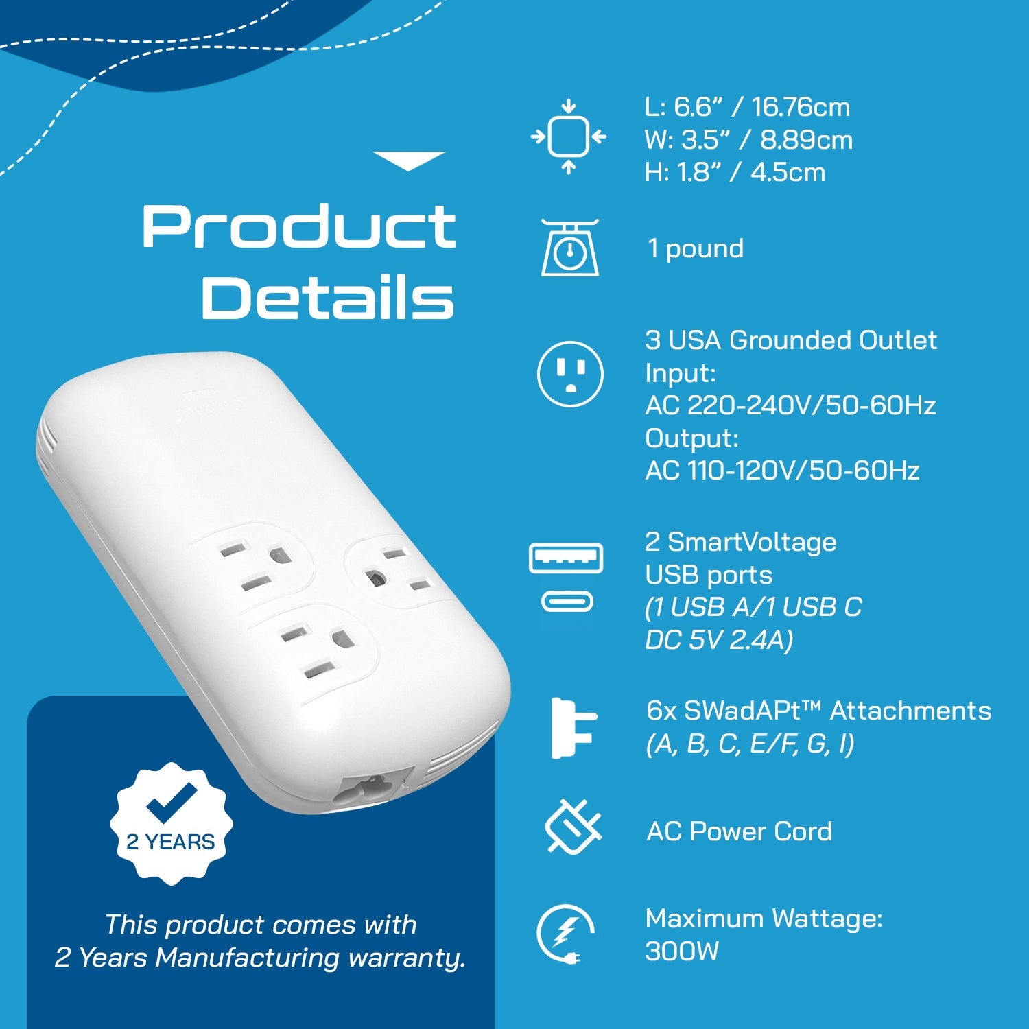 300W Step Down Converter – 3x USA Outlets & 1 USB-A + 1 USB-C PD 18W – AC 220-240V 50Hz to 110-120V 60Hz Travel Voltage & Frequency Converter - (PU-300-WS)