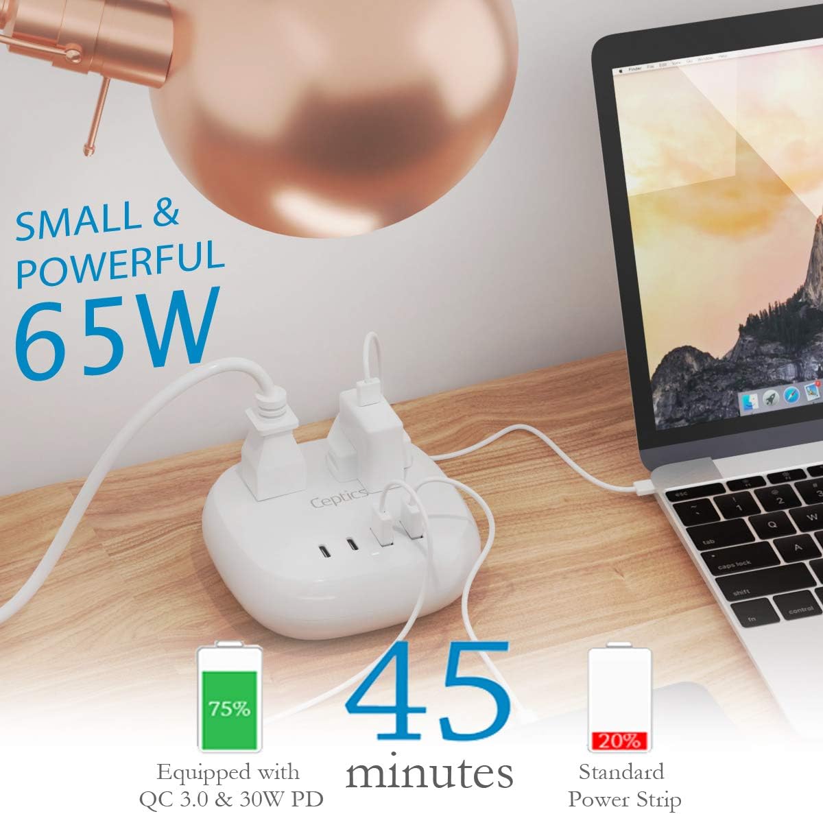 65W USB Power Strip with Dual USB + USB-C, 2 USA Input - Surge Protection (PS-2B4U-65W)