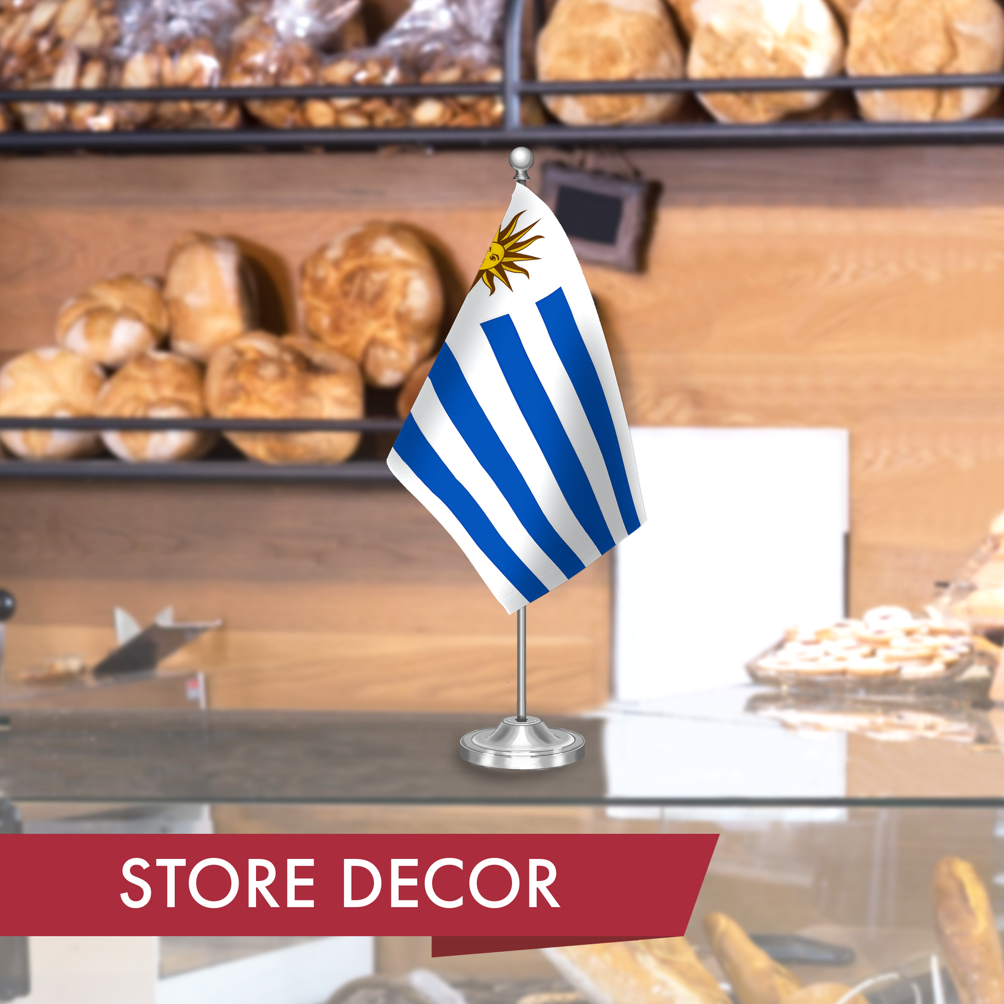 G128 Uruguay Uruguayan Deluxe Desk Flag Set | 8.5x5.5 In | Printed 300D Polyester, with Silver Dome and Base, 15" Metal Pole, Decorations For Office, Home and Festival Events Celebration
