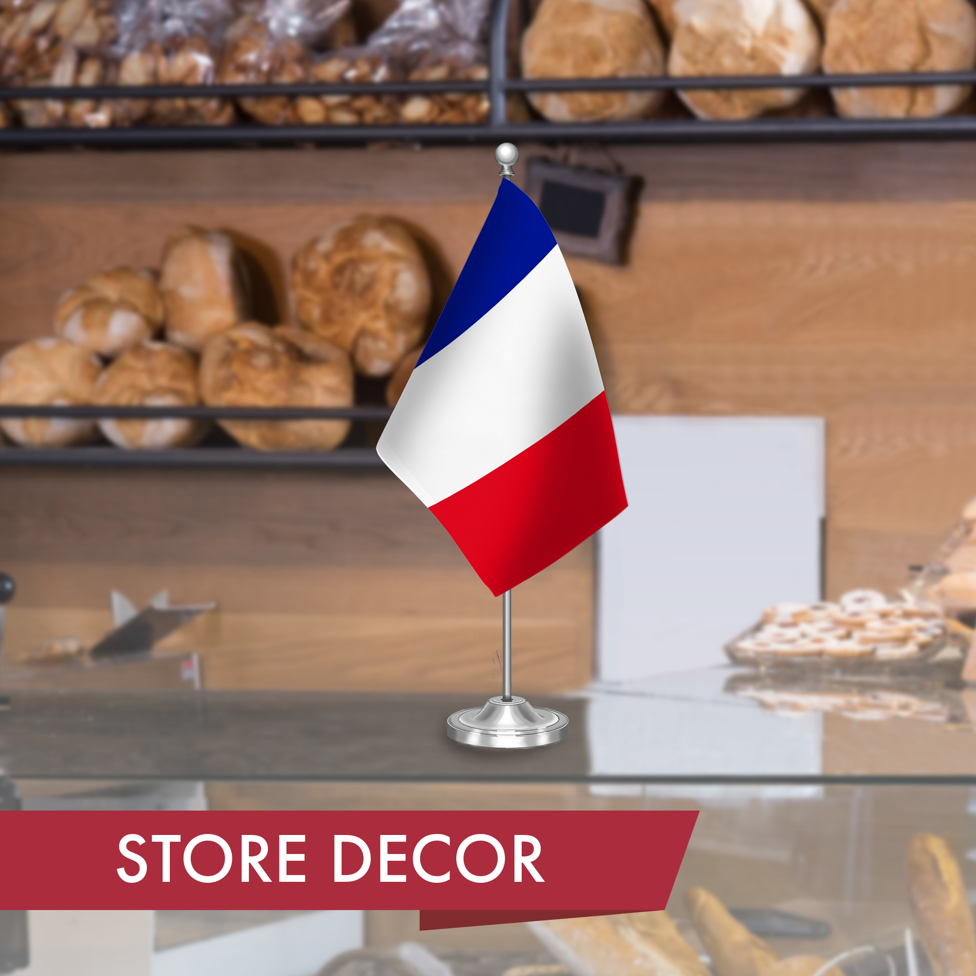 G128 France French Deluxe Desk Flag Set | 8.5x5.5 In | Printed 300D Polyester, with Silver Dome and Base, 15" Metal Pole, Decorations For Office, Home and Festival Events Celebration