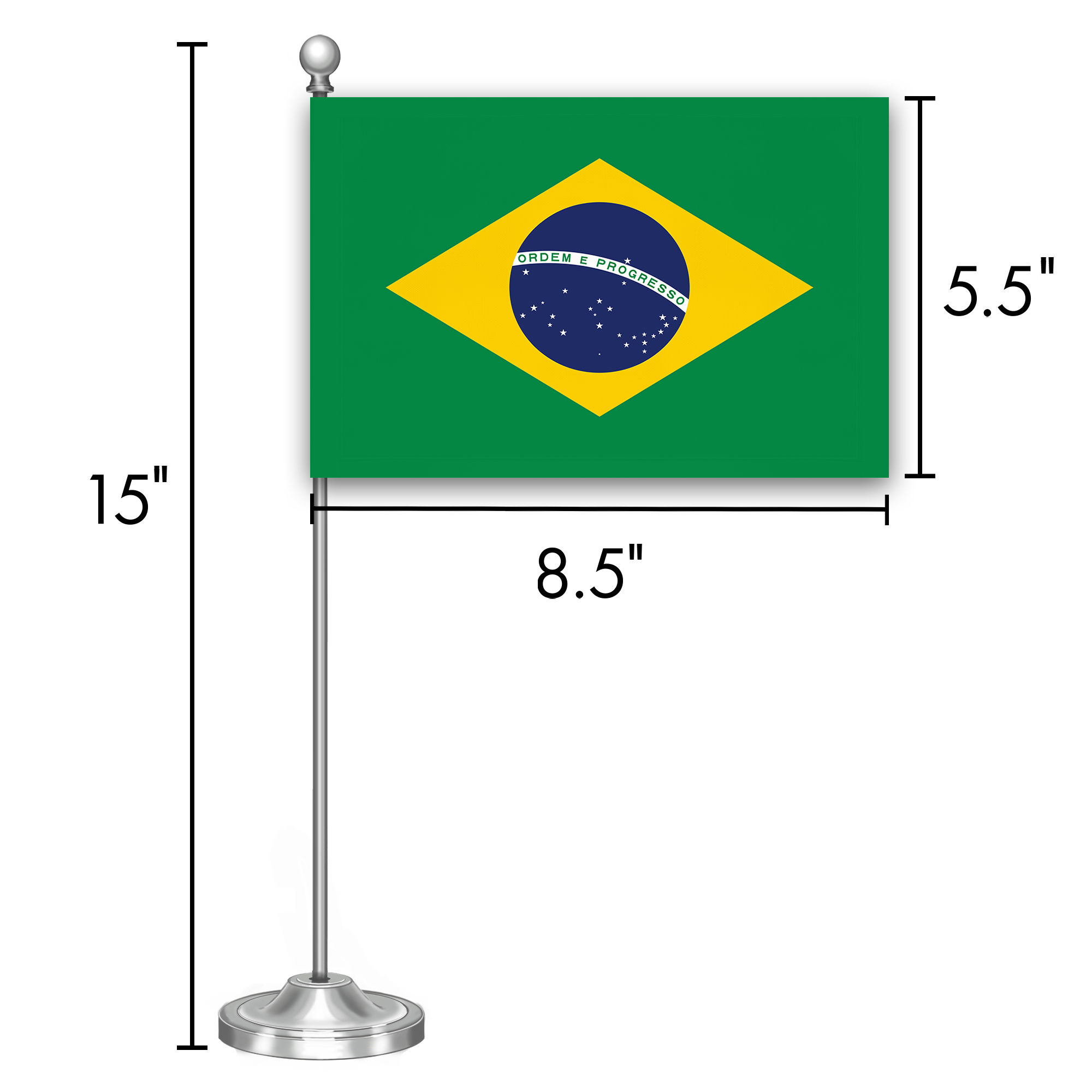G128 Brazil Brazilian Deluxe Desk Flag Set | 8.5x5.5 In | Printed 300D Polyester, with Silver Dome and Base, 15" Metal Pole, Decorations For Office, Home and Festival Events Celebration