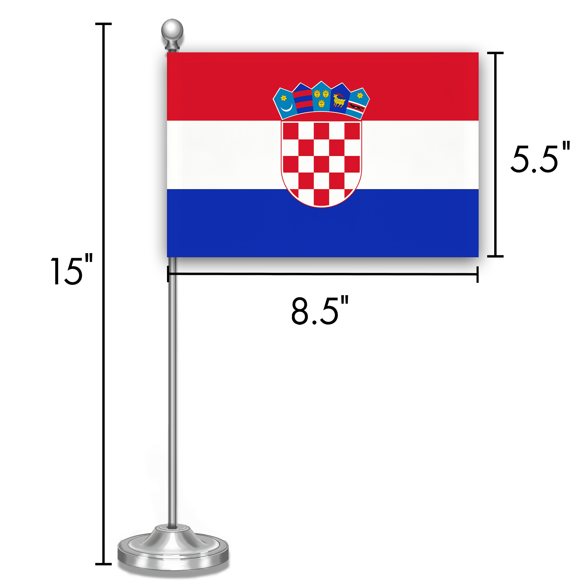 G128 Croatia Croatian Deluxe Desk Flag Set | 8.5x5.5 In | Printed 300D Polyester, with Silver Dome and Base, 15" Metal Pole, Decorations For Office, Home and Festival Events Celebration