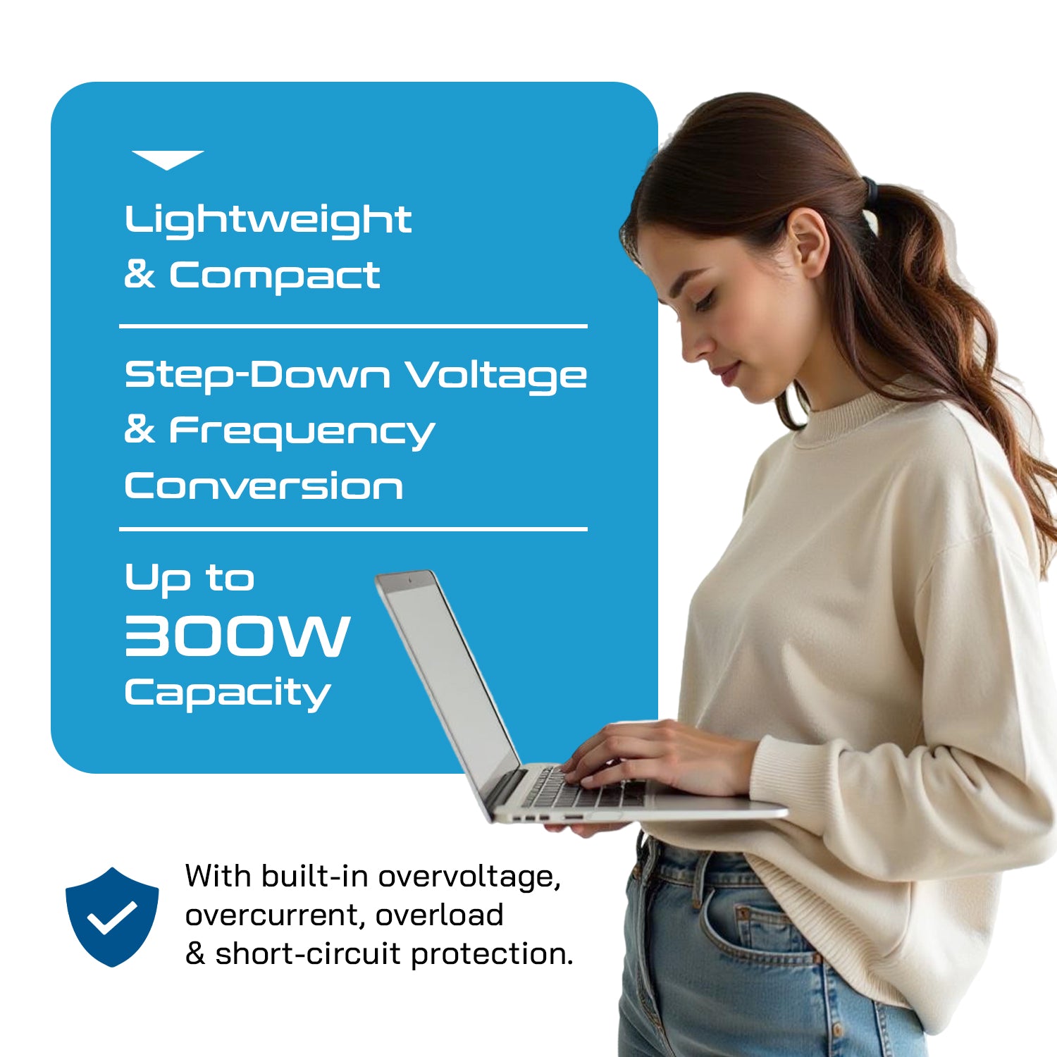 300W Step Down Converter – 3x USA Outlets & 1 USB-A + 1 USB-C PD 18W – AC 220-240V 50Hz to 110-120V 60Hz Travel Voltage & Frequency Converter - (PU-300-WS)