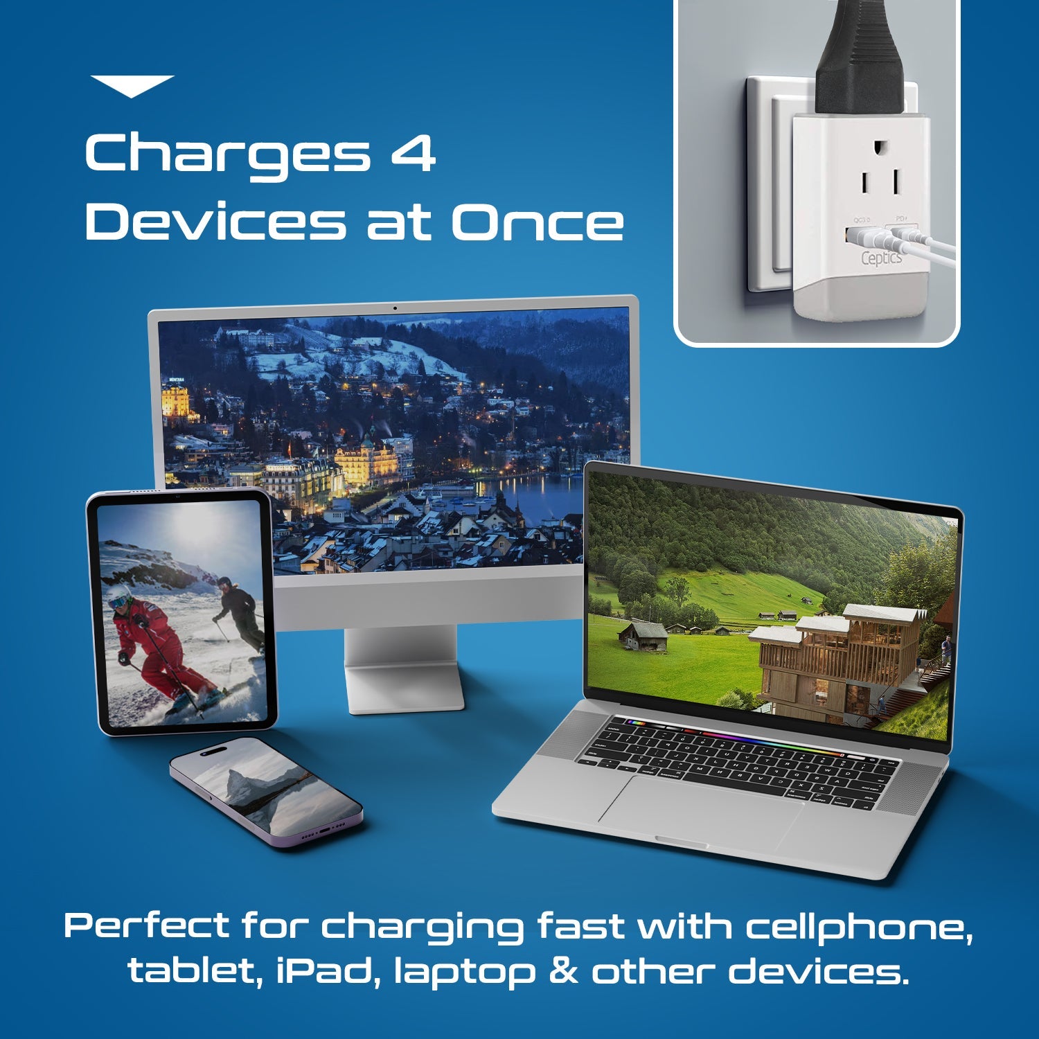 Switzerland Travel Adapter | Type J - USB-A & USB-C Ports + 2 USA Outlet (AP-11A)