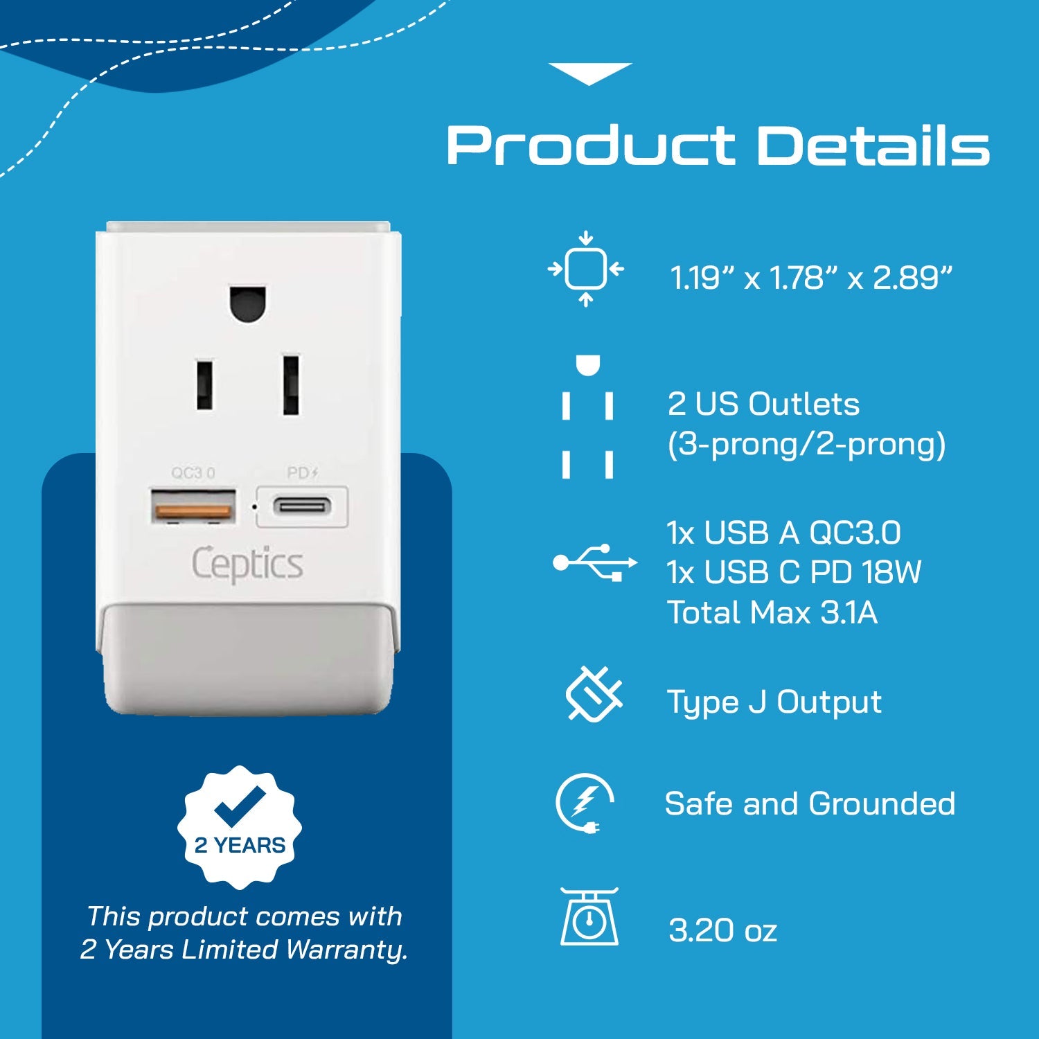 Switzerland Travel Adapter | Type J - USB-A & USB-C Ports + 2 USA Outlet (AP-11A)