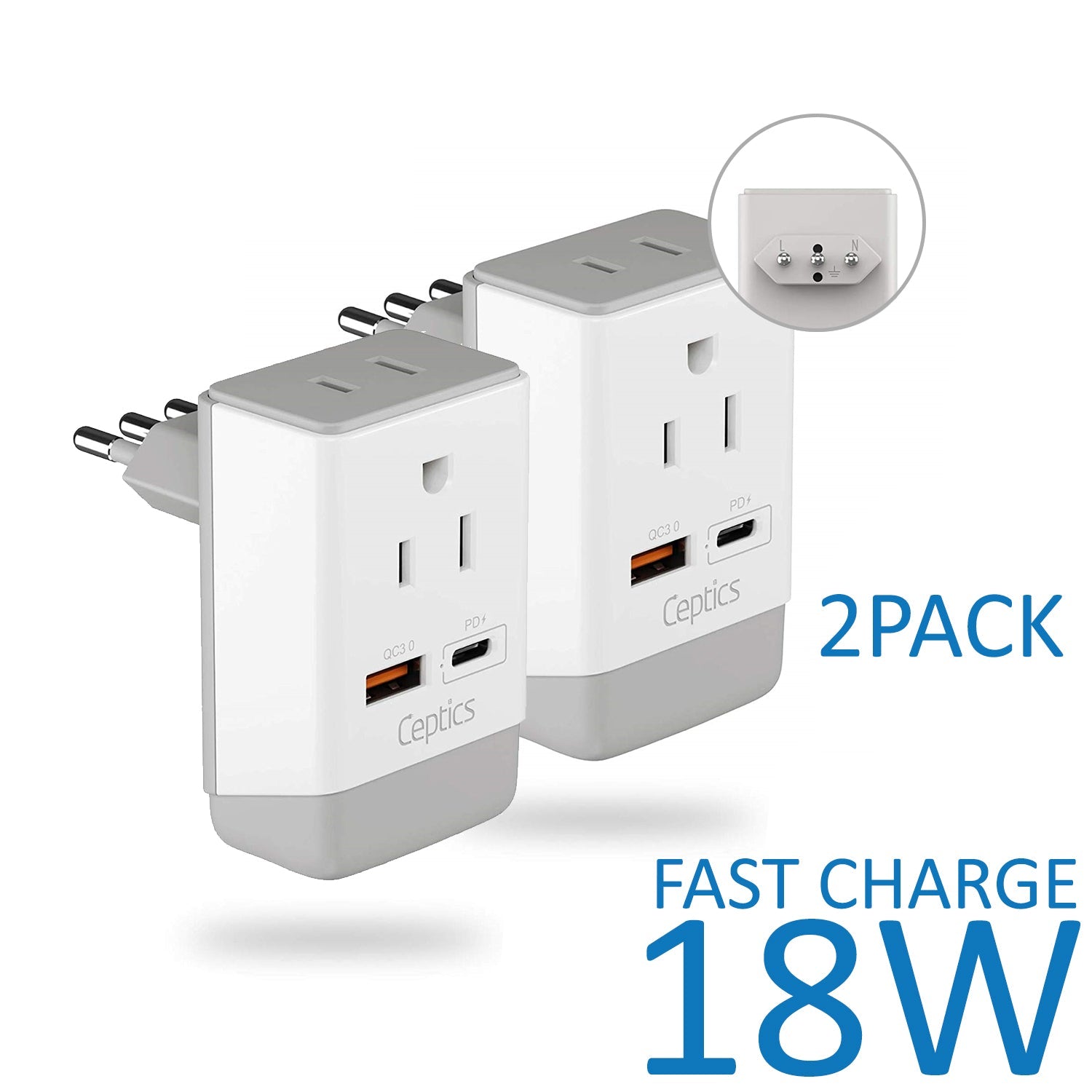 Italy, Chile Travel Adapter | Type L - USB-A & USB-C Ports + 2 USA Outlet (AP-12)