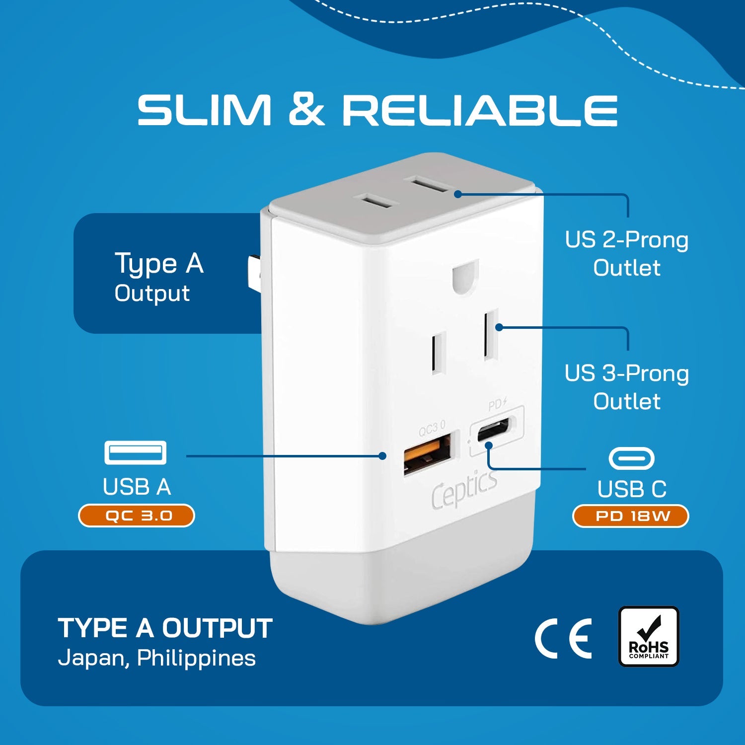 Japan, Philippines Travel Adapter | Type A - USB-A & USB-C Ports + 2 USA Outlet (AP-6)