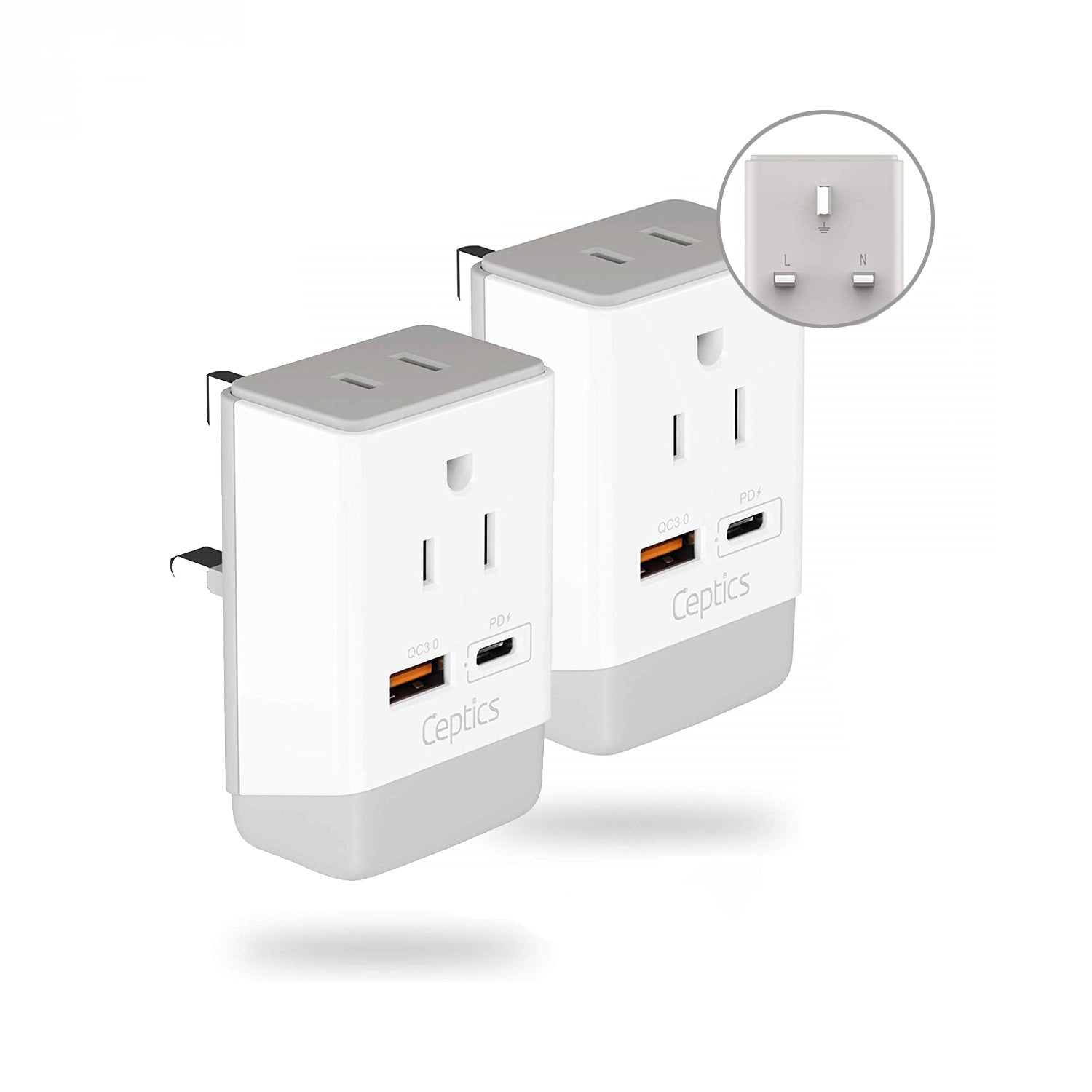 UK, England Travel Adapter | Type G - USB-A & USB-C Ports + 2 USA Outlet (AP-7)