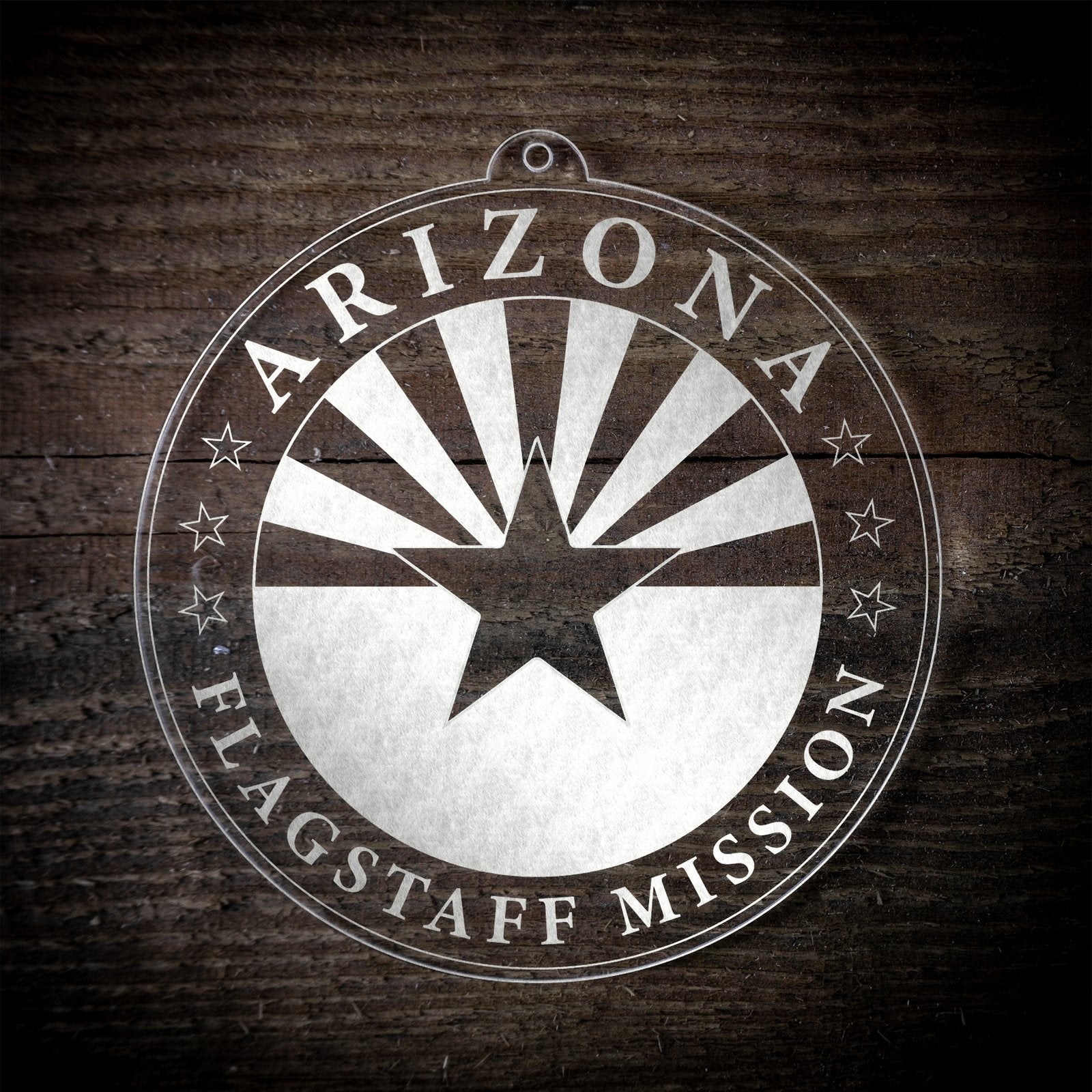 LDS Arizona Flagstaff Mission Christmas Ornament laying on a Wooden Background