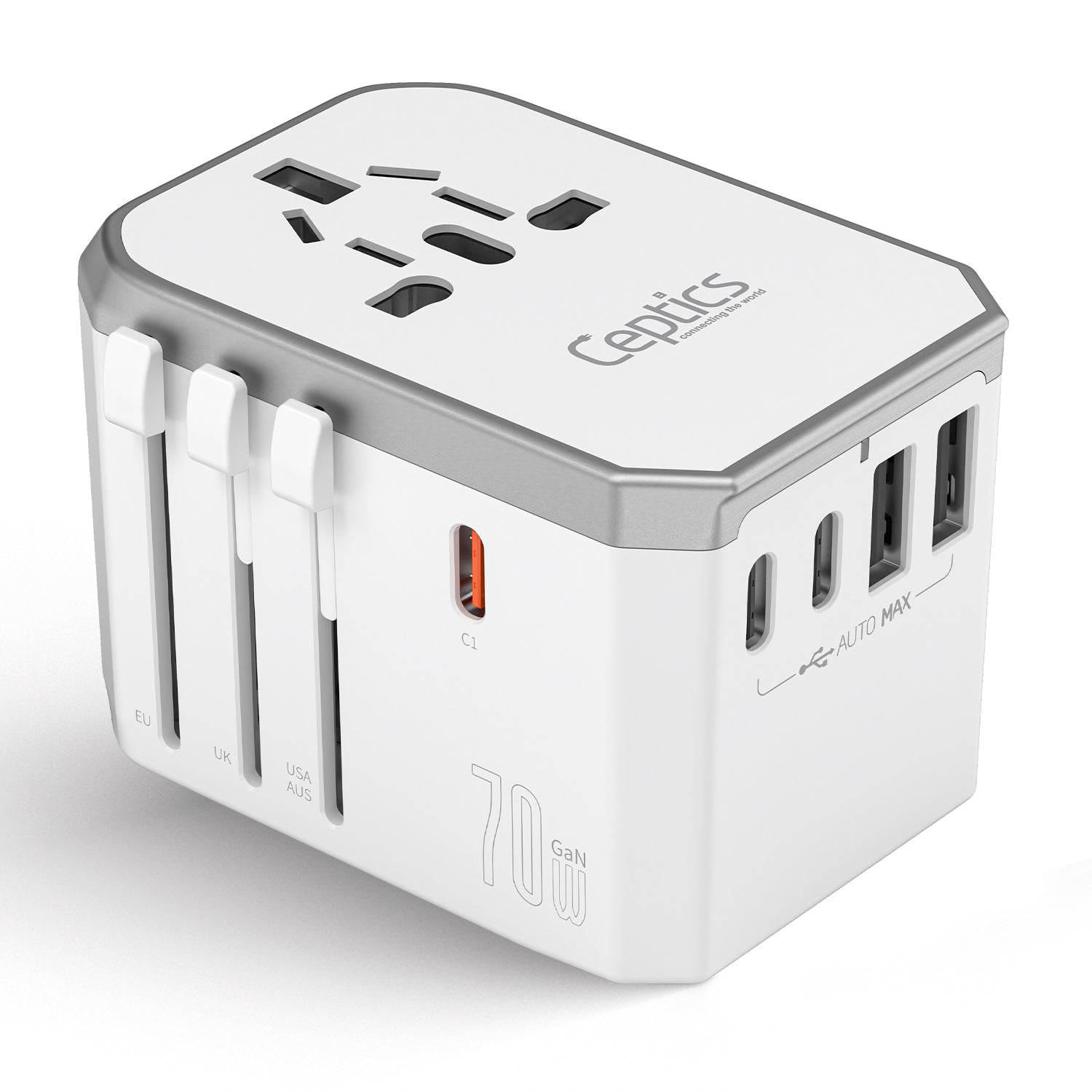 70W 6 in 1 International Travel Plug Adapter - 2 USB-C + 1 GaN 3.0 USB-C & 2 USB ports - Max. 60W (12A) - White (UP-70KU-WH)