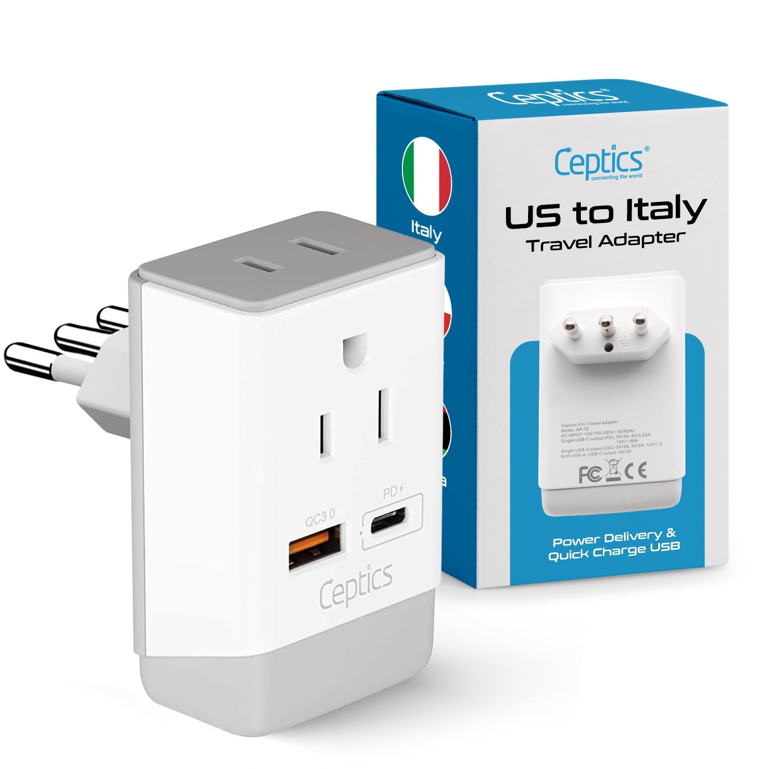 Italy, Chile Travel Adapter | Type L - USB-A & USB-C Ports + 2 USA Outlet (AP-12)