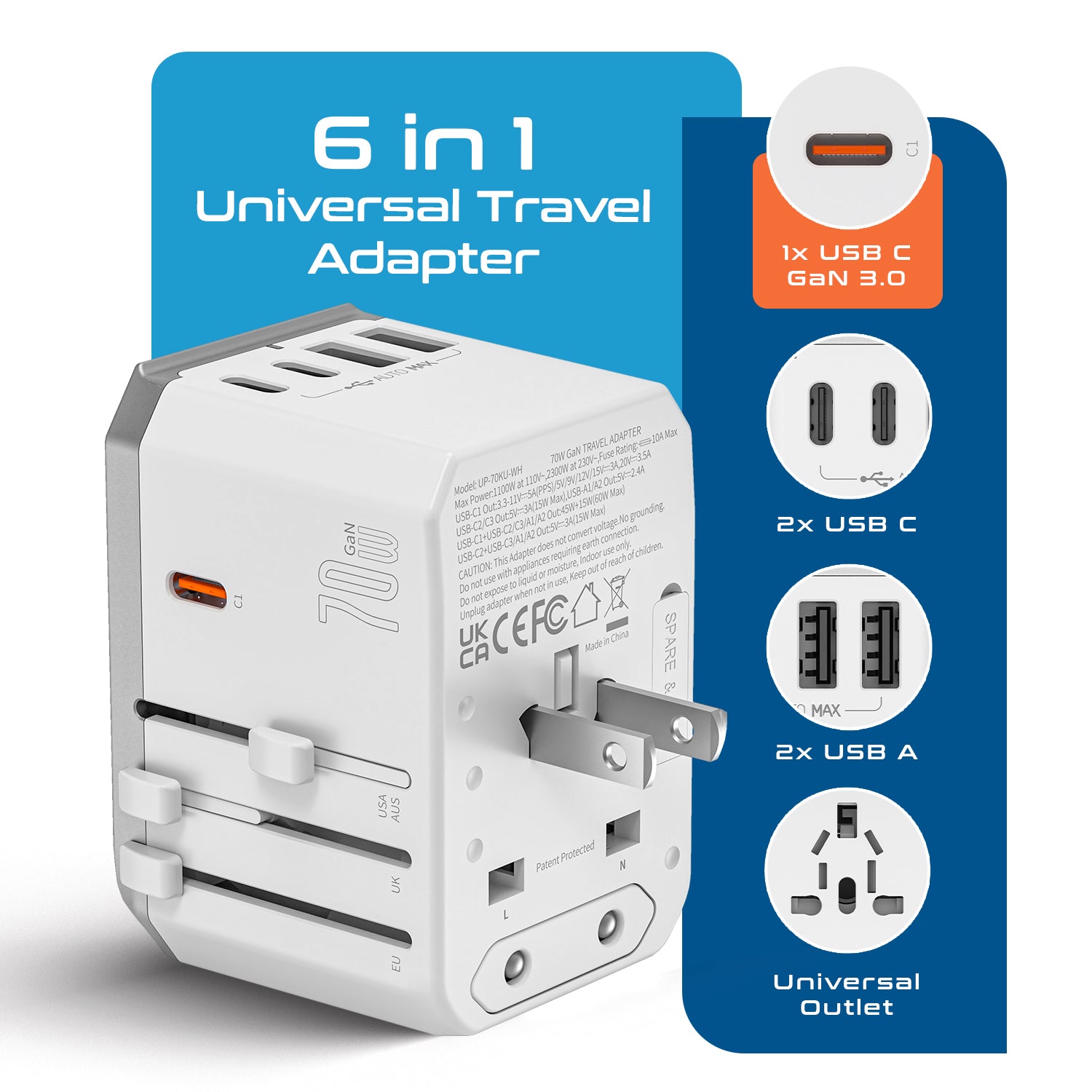 70W 6 in 1 International Travel Plug Adapter - 2 USB-C + 1 GaN 3.0 USB-C & 2 USB ports - Max. 60W (12A) - White (UP-70KU-WH)