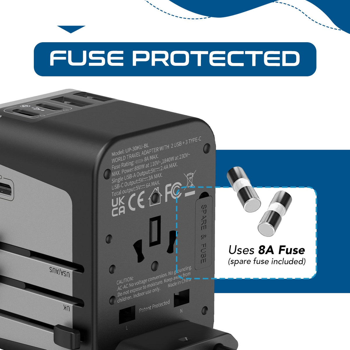 30W 6 in 1 Universal Travel Adapter - 2 USB-A + 3 USB-C - Max. 30W (6A) (UP-30KU-BL)