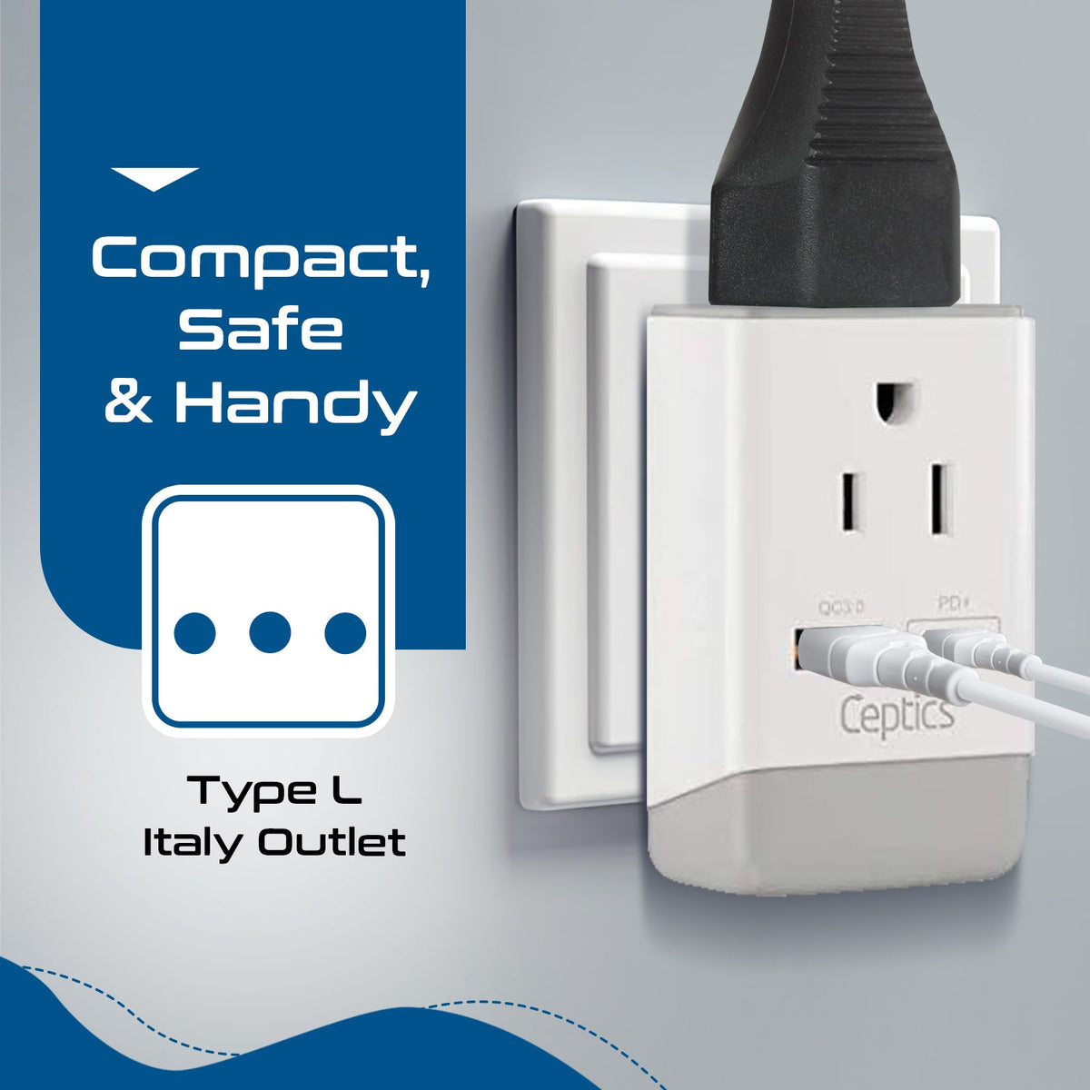 Italy, Chile Travel Adapter | Type L - USB-A & USB-C Ports + 2 USA Outlet (AP-12)