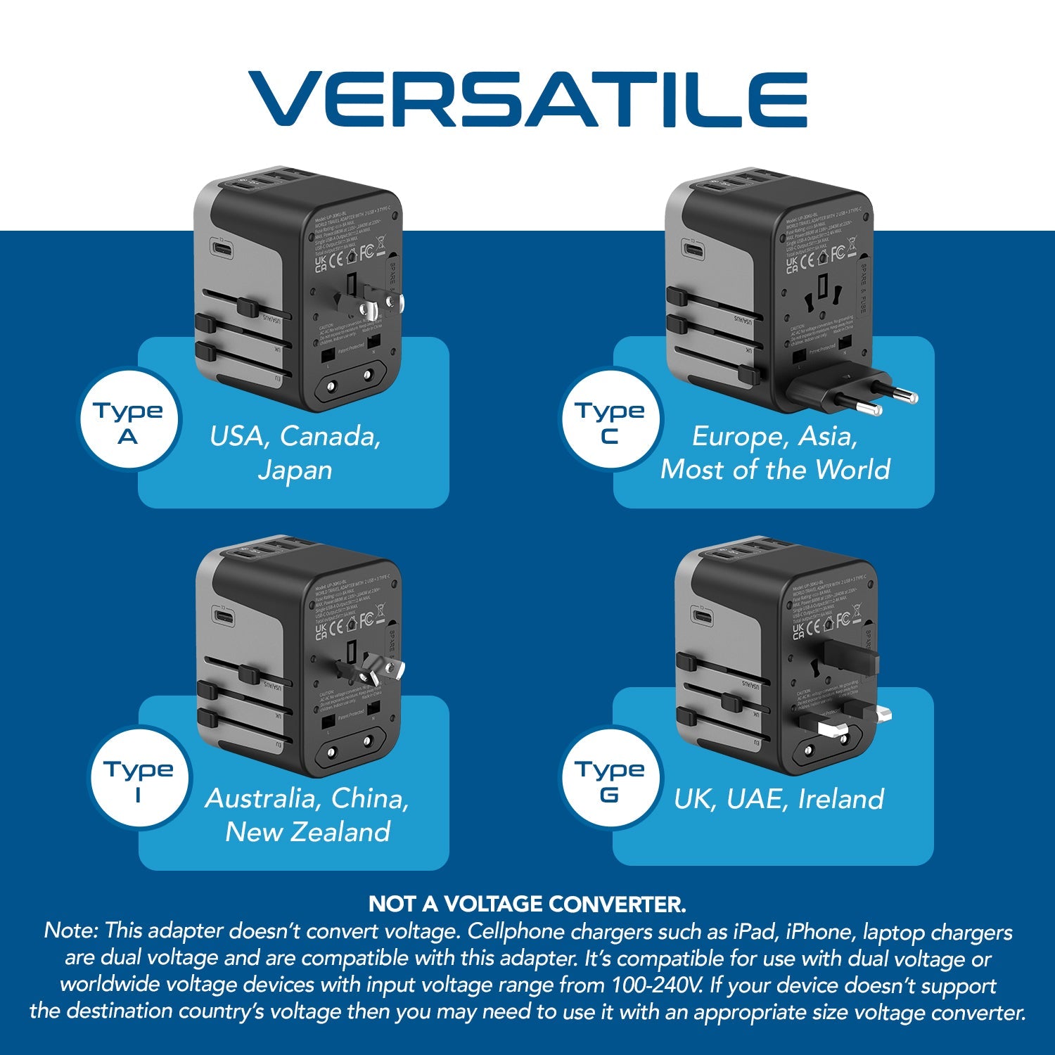 30W 6 in 1 Universal Travel Adapter - 2 USB-A + 3 USB-C - Max. 30W (6A) (UP-30KU-BL)