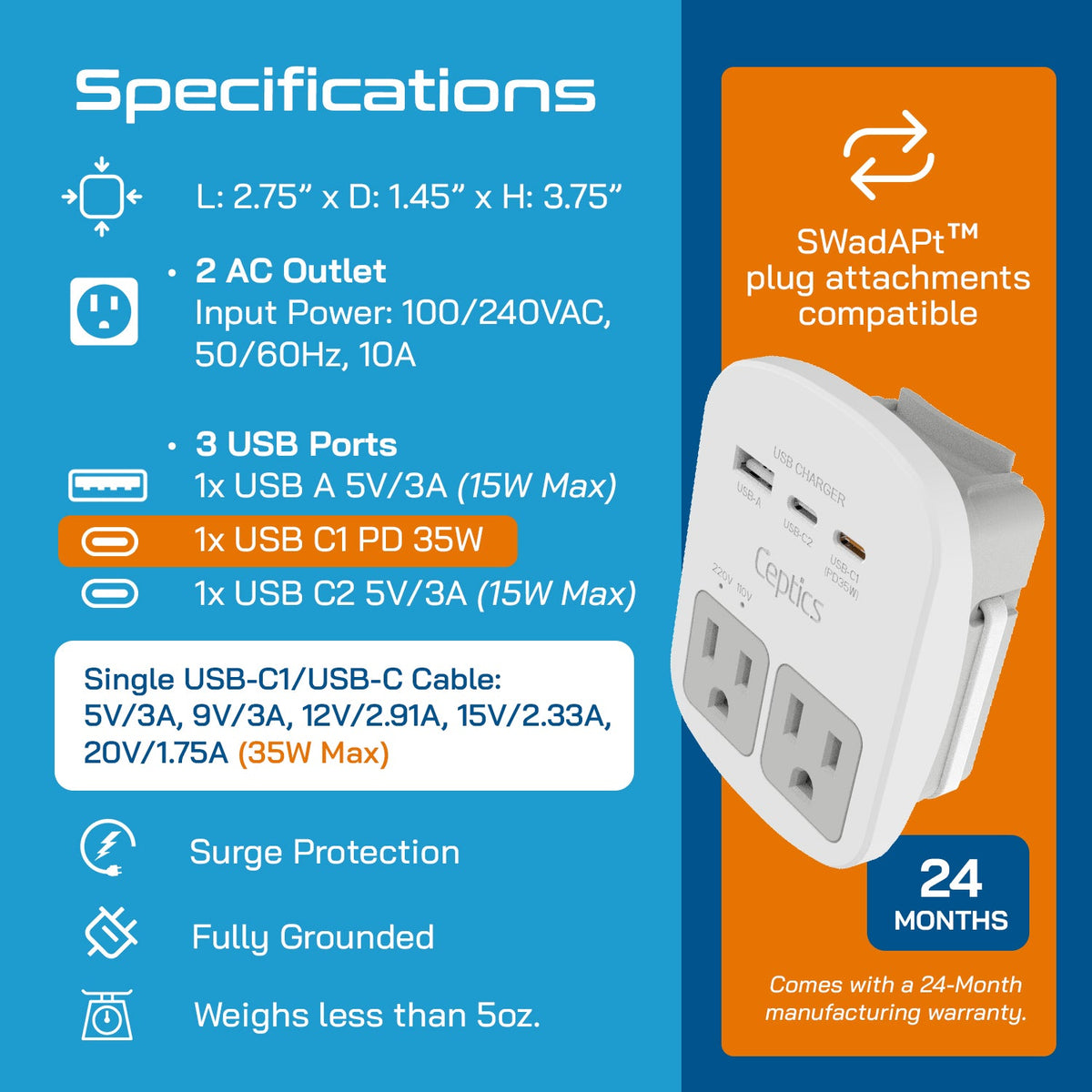 World-Way 13 Travel Adapter Kit | 1 USB-A, 1 USB-C and 1 PD 35W USB-C port and cable + 2 US Outlets - Grounded (WPS-2B+ALL)