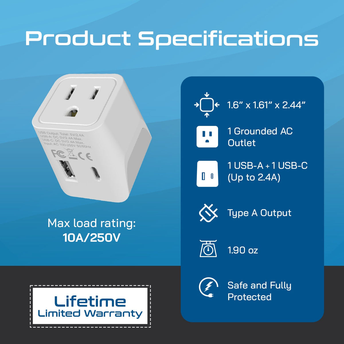 Japan, Philippines Travel Adapter - Type A - USB-A + USB-C (CTU-6)