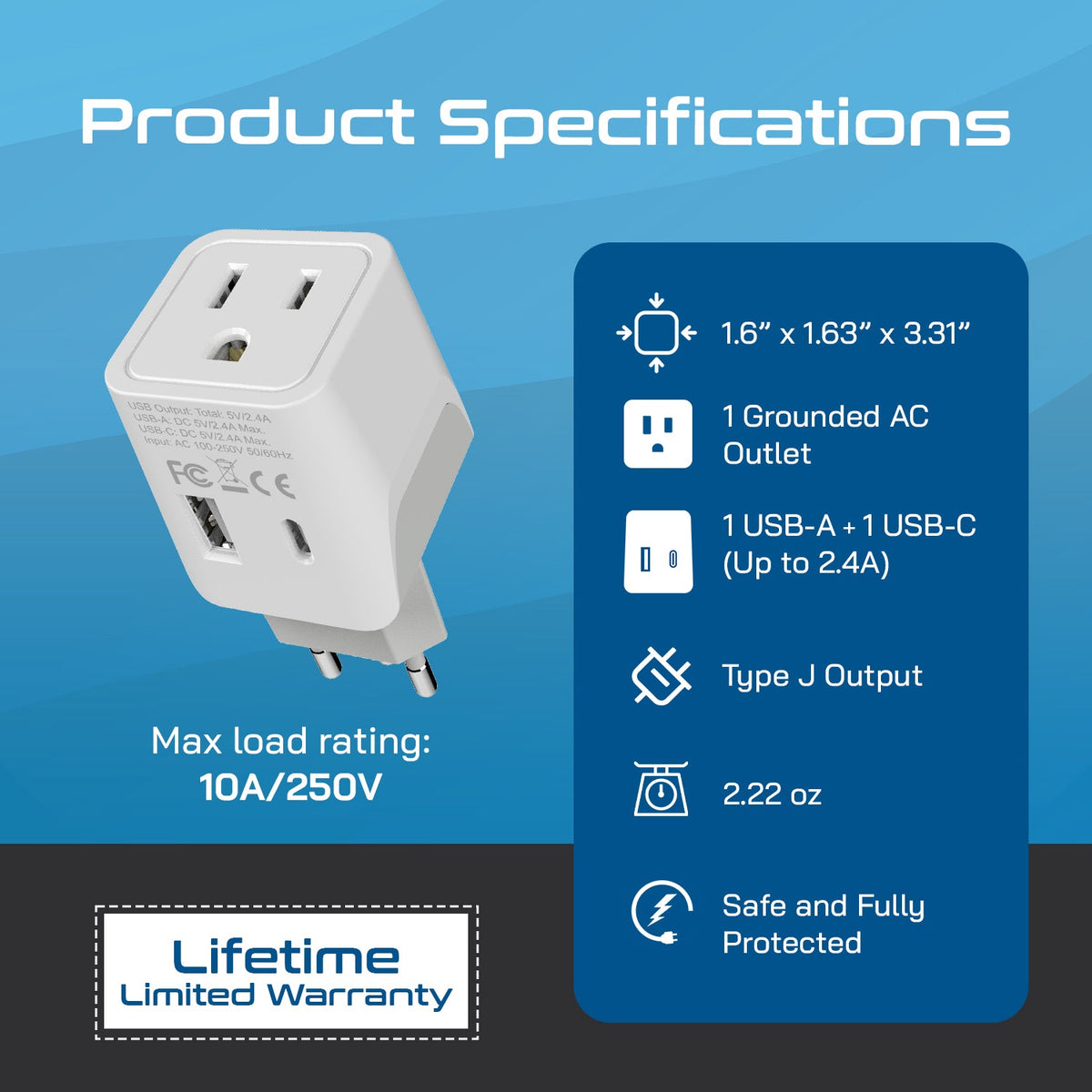 Switzerland Travel Adapter Plug Combo - Type J, C | USB-A + USB-C – Swiss Combo (CTU-9C-11A)