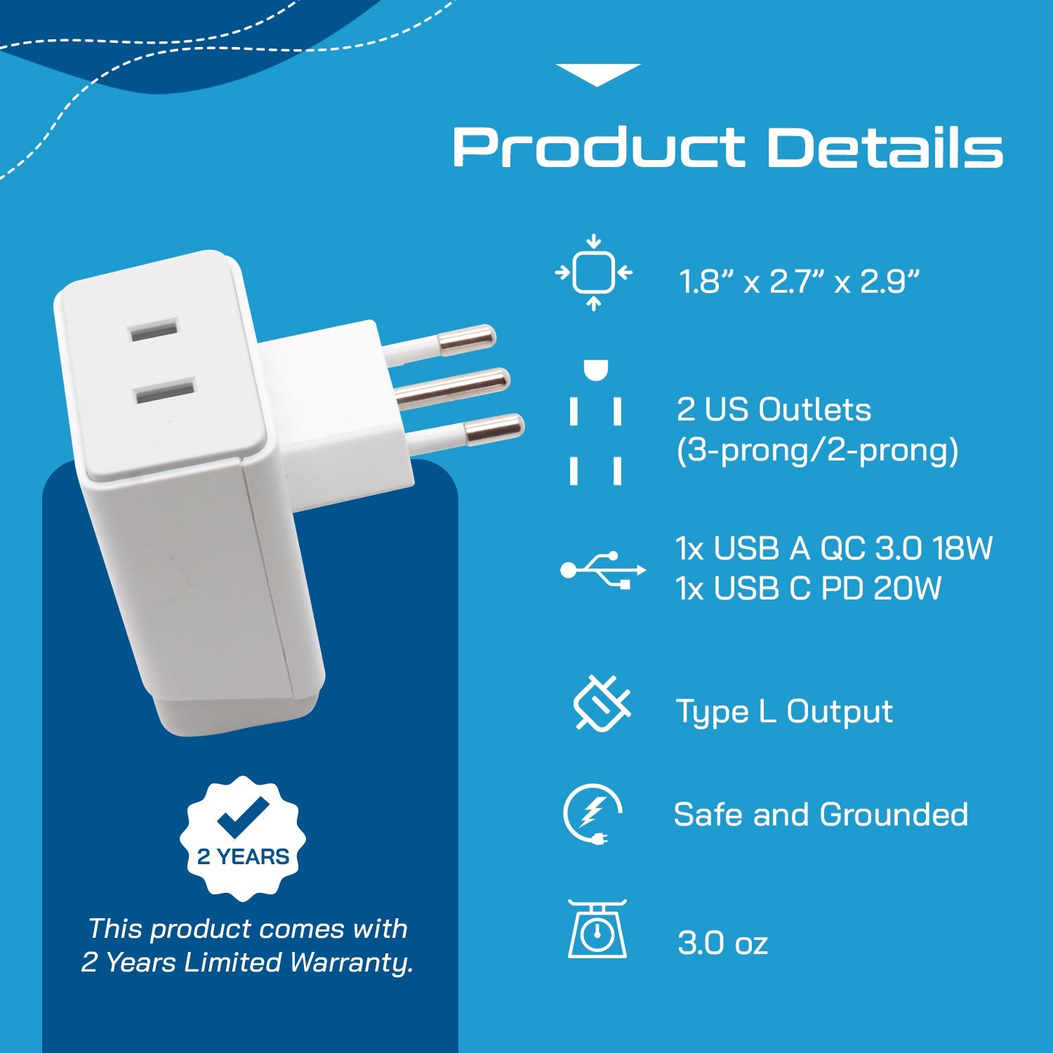 Italy, Chile Travel Adapter | Type L - USB-A & USB-C Ports + 2 USA Outlet (AP-12)