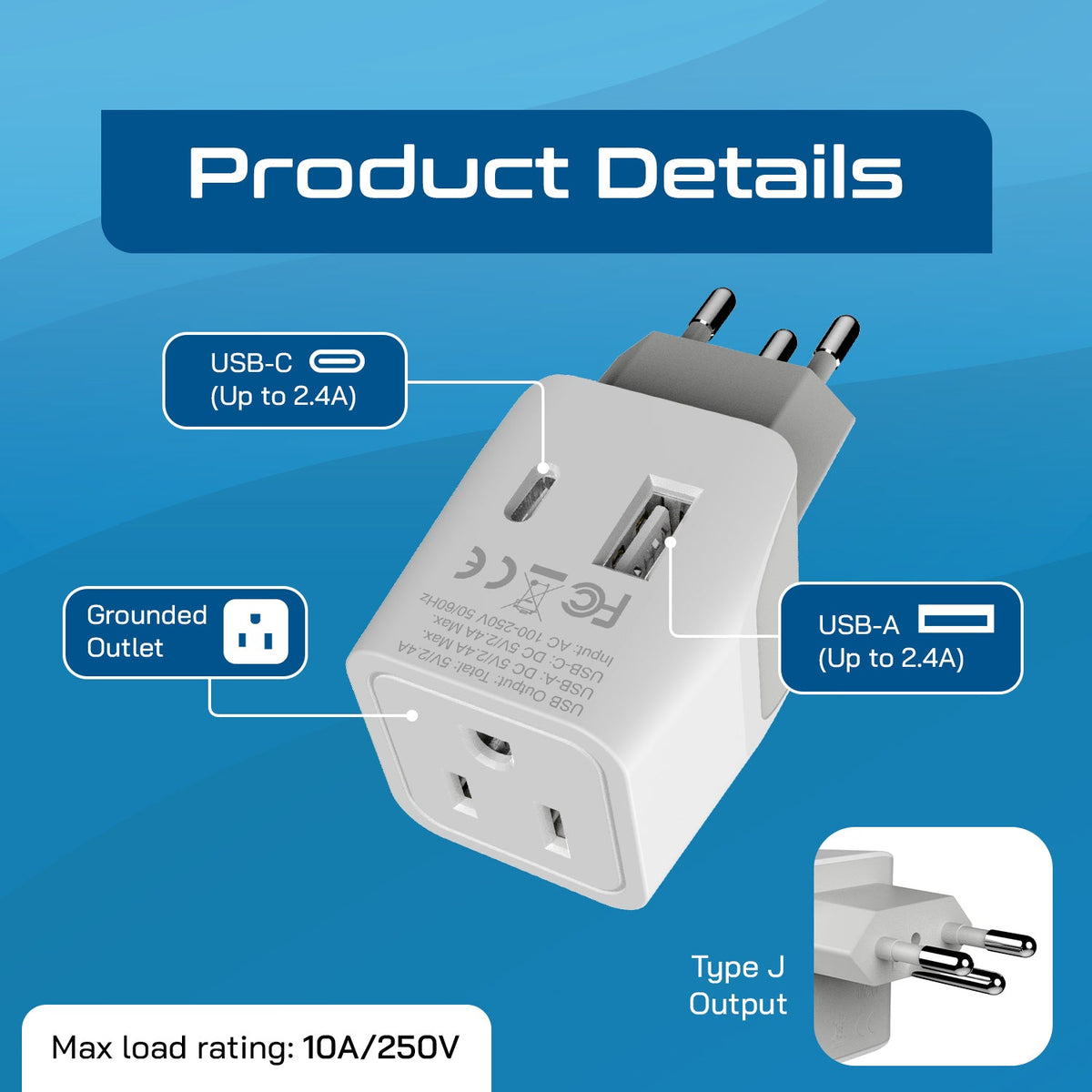 Switzerland Travel Adapter Plug Combo - Type J, C | USB-A + USB-C – Swiss Combo (CTU-9C-11A)