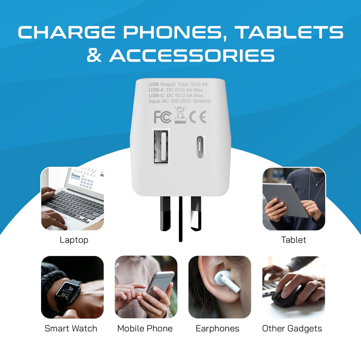 Australia, China Travel Adapter - Type I - USB A + USB C (CTU-16)
