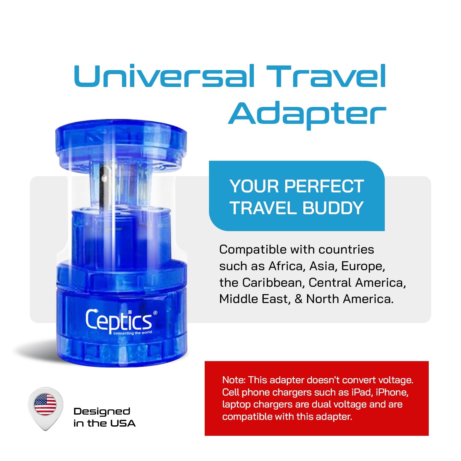 Ceptics Small Size Worldwide International Travel Plug Adapter Kit- 150+ Countries (UP-3K-1)