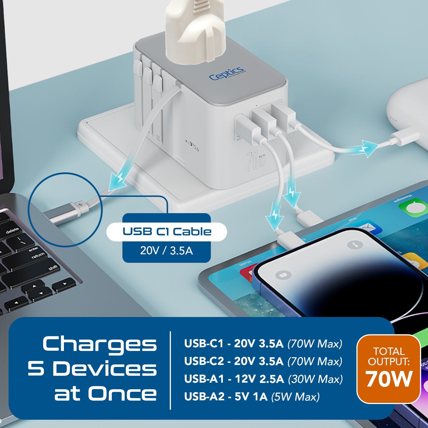 70W Universal Travel Adapter - 2 USB-C + 1 GaN 3.0 retractable cable, USB-C & 1 USB-C - (UP-70WC-WH)